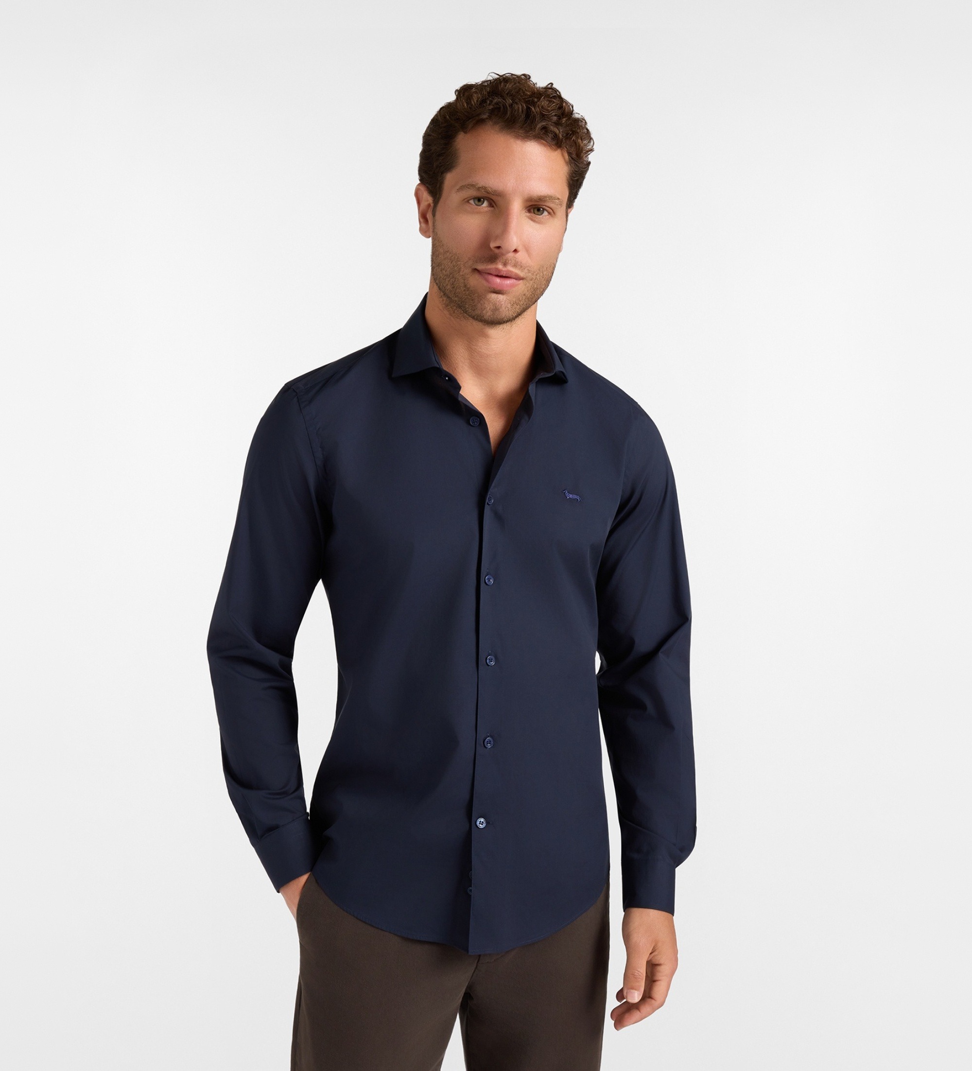 Harmont & Blaine für Herren. CNR001012523I Marineblaues Stretch-Popeline-Hemd (L), Baumwolle, Klassisch, Langarm