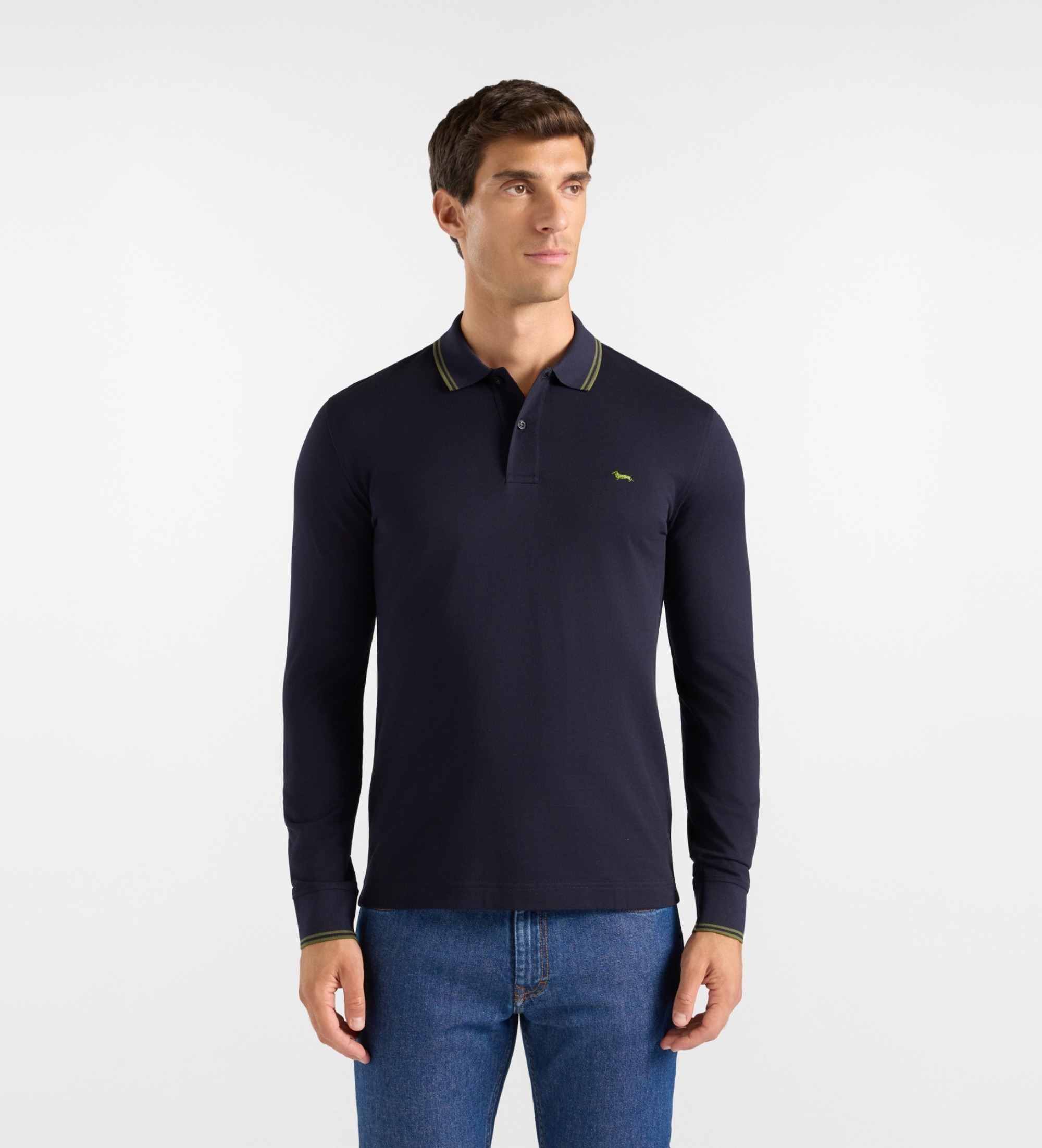 Harmont & Blaine für Herren. LNR008021148 Poloshirt mit marineblauen Ziereinsätzen (L), Lässig, Baumwolle, Langarm