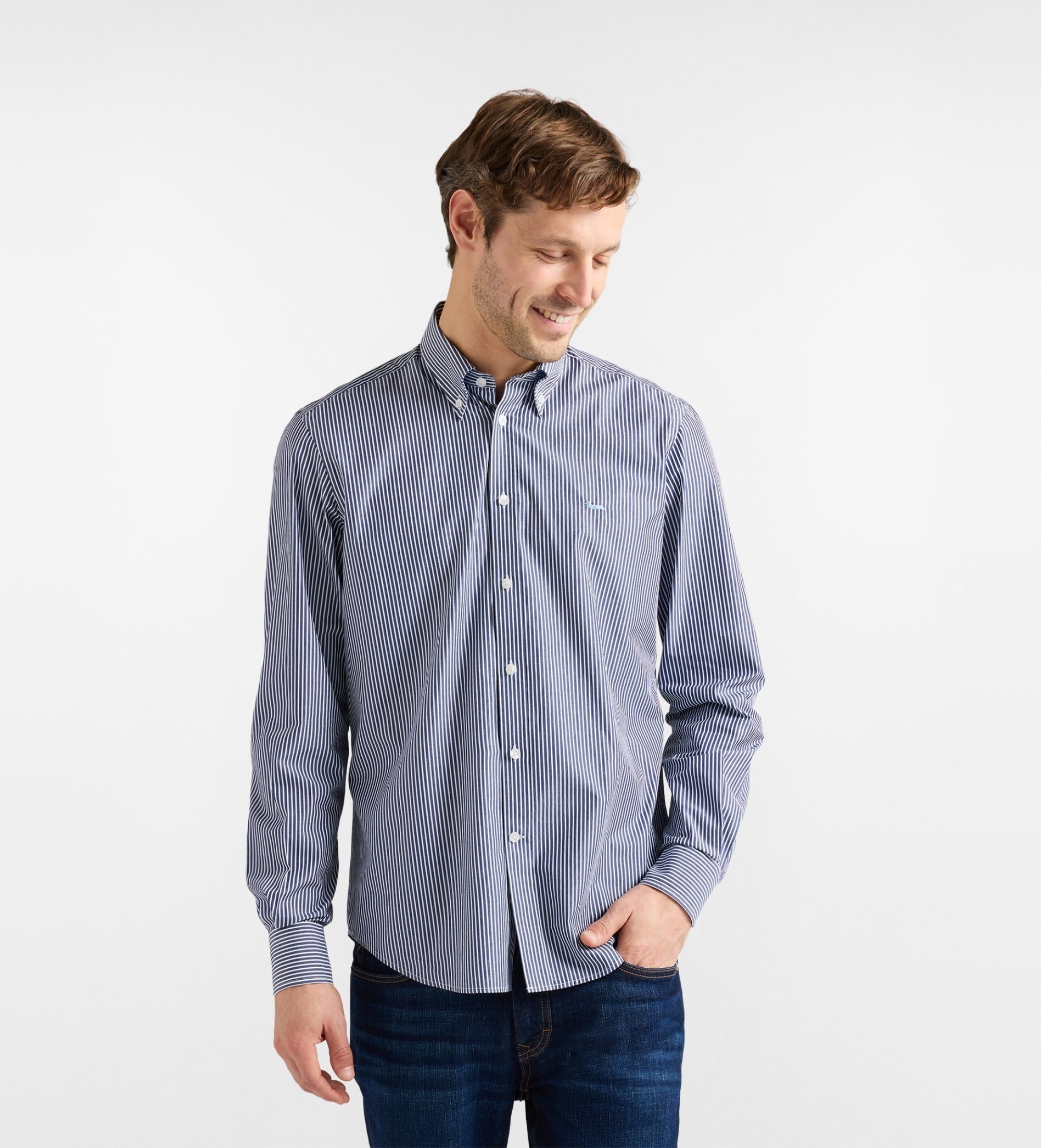 Harmont & Blaine für Herren. CRQ074013436B Gestreiftes Hemd in Marineblau mit normaler Passform (M), Lässig, Baumwolle, Klassisch, Langarm