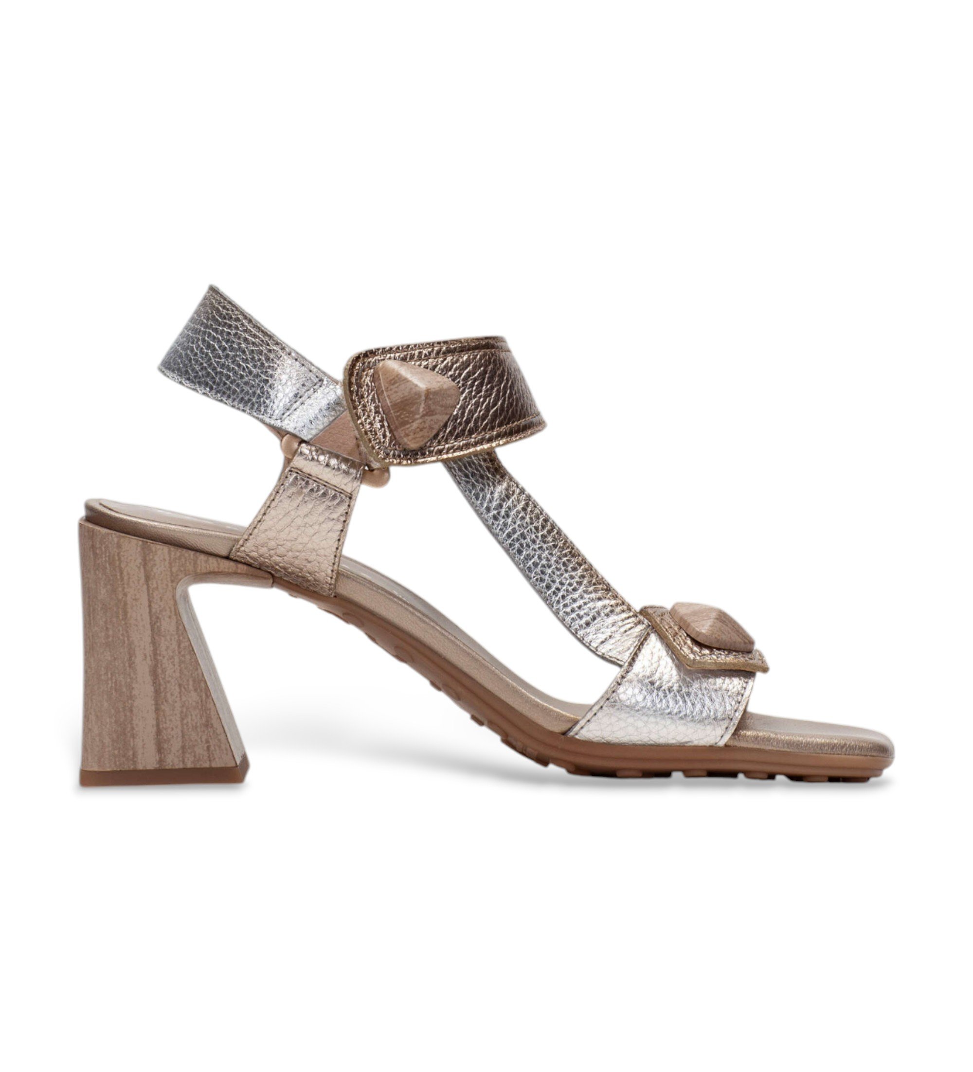 Hispanitas für Damen. CHV253958 Goldene Miami-Sandalen (40), Leder, Silber, 3 bis 5 cm, Klettverschluss, Lässig, Party
