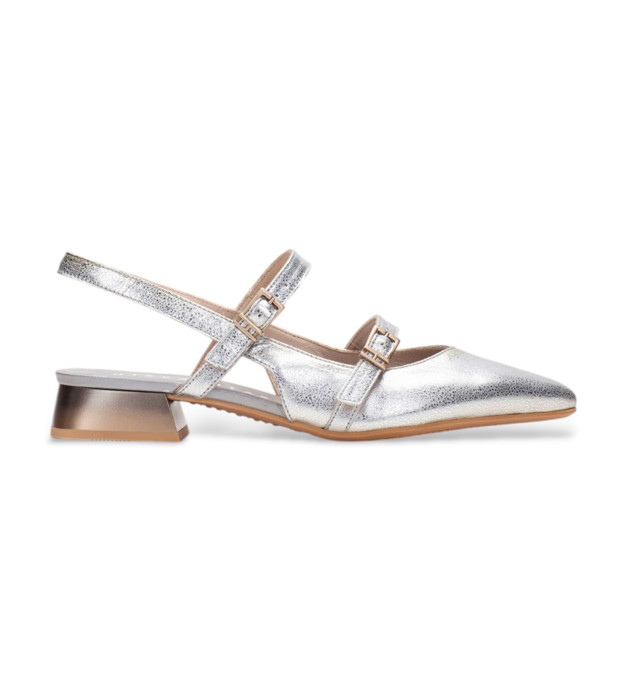 Hispanitas für Damen. HV253922 Silberne Dali-Ledersandalen (37), 1 bis 3 cm, Schnalle, Lässig, Party