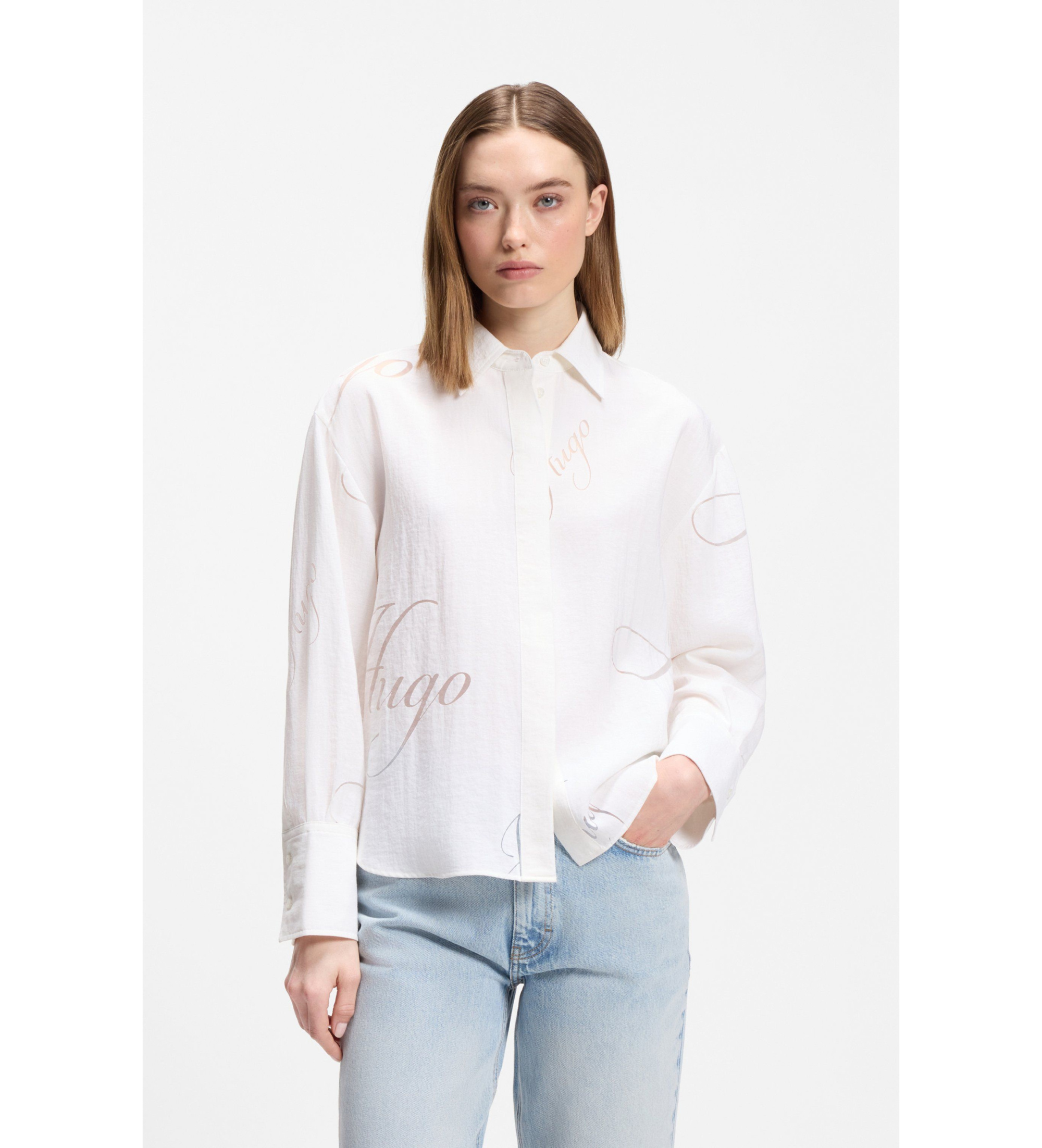 HUGO für Damen. 50562585 Bluse Echinacea Druck weiß (36), Lässig, Viskose, Langarm