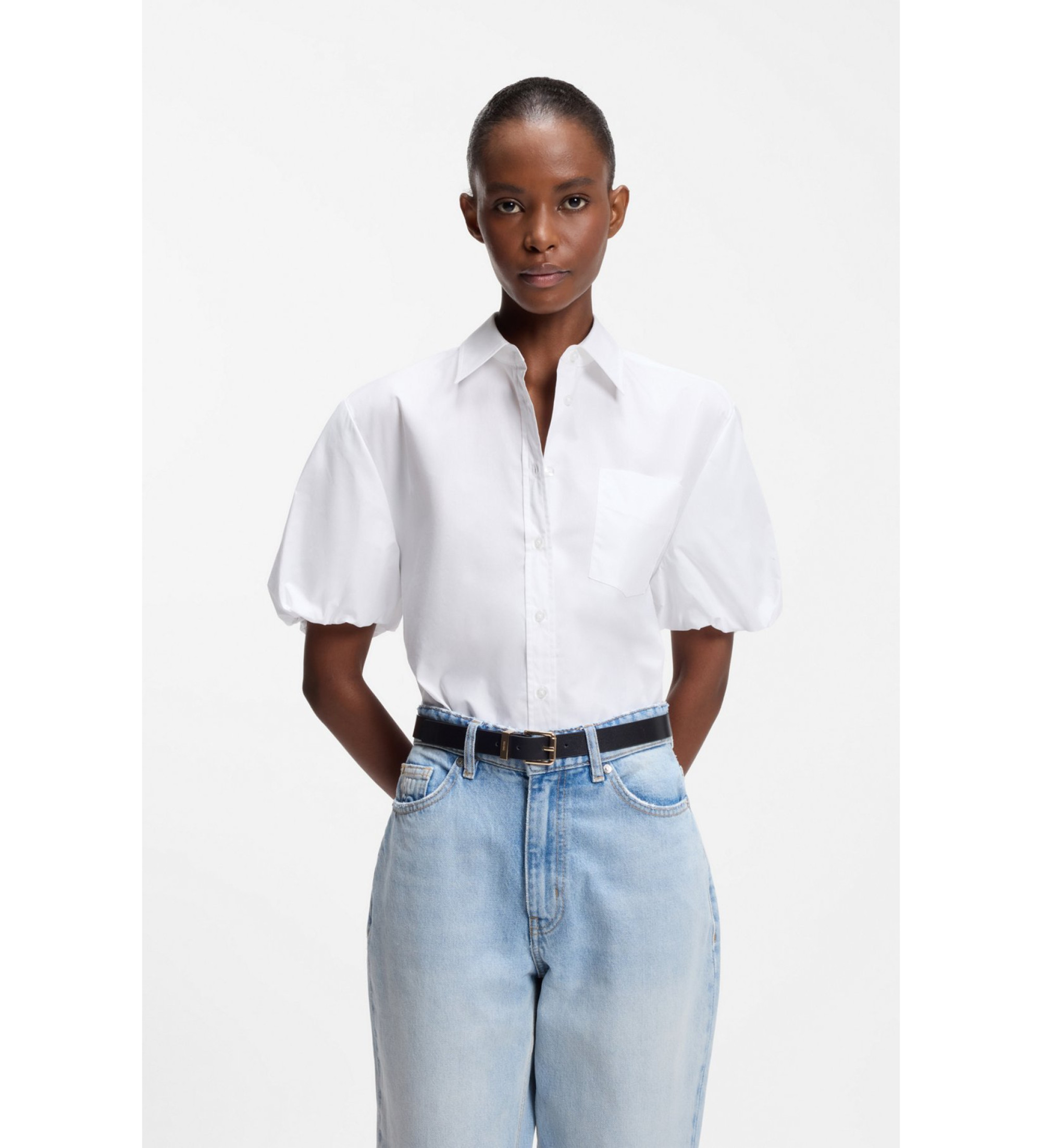 HUGO für Damen. 50559499 Evergreen Bluse weiß (S), Lässig, Baumwolle, Kurzarm