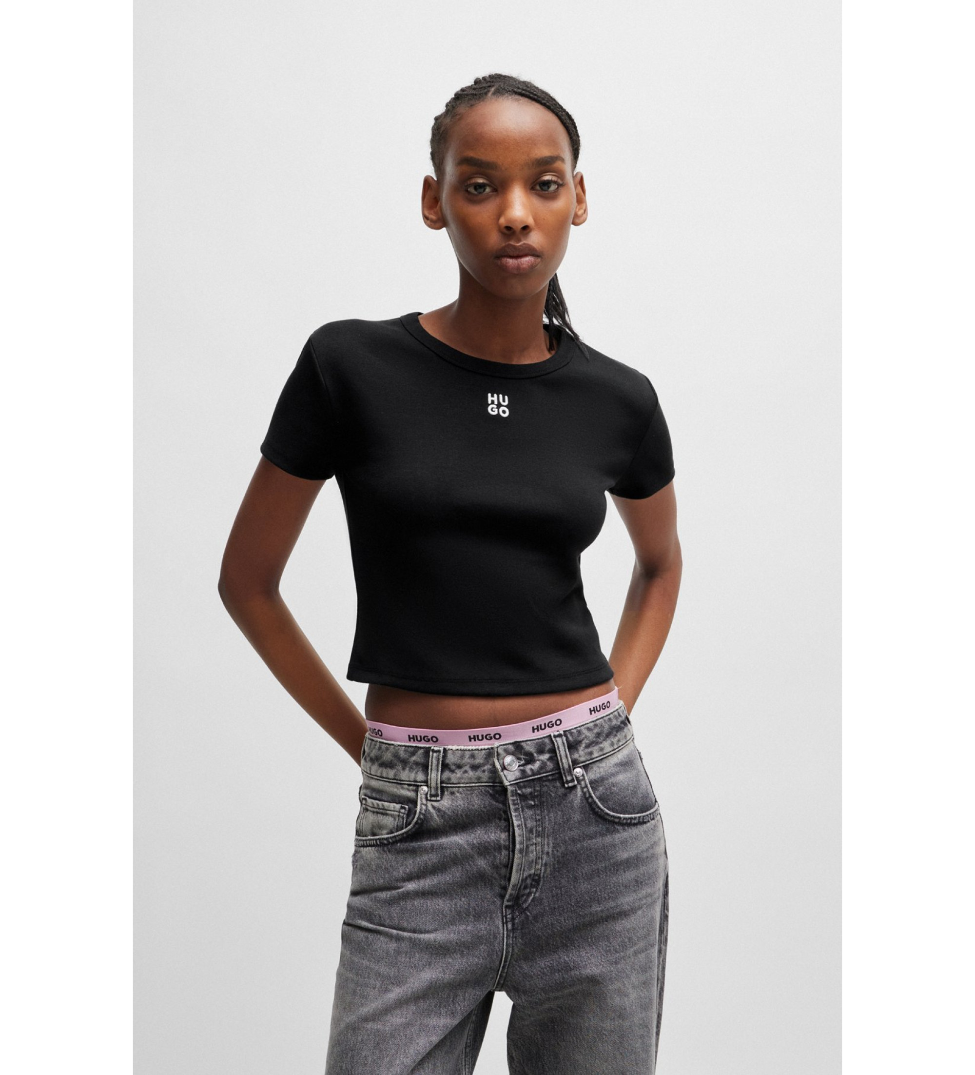 HUGO für Damen. 50512000 Delanor T-shirt schwarz (S), Lässig, Baumwolle, Kurzarm