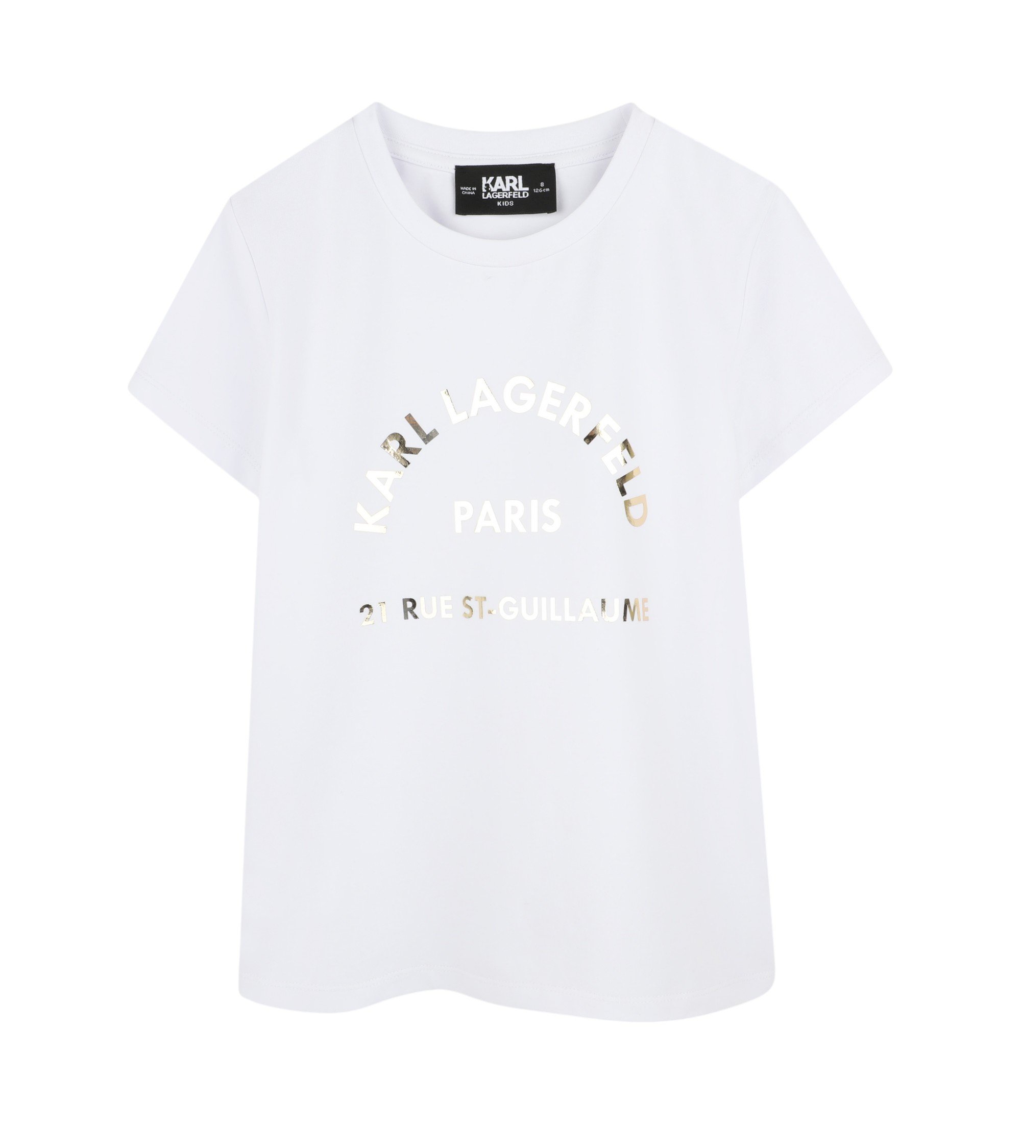 Karl Lagerfeld für Mädchen. Z30447 Kurzarm-T-Shirt weiß (5Y= 108cm), Lässig, Bio-Baumwolle, Nachhaltig, Kinderbekleidung