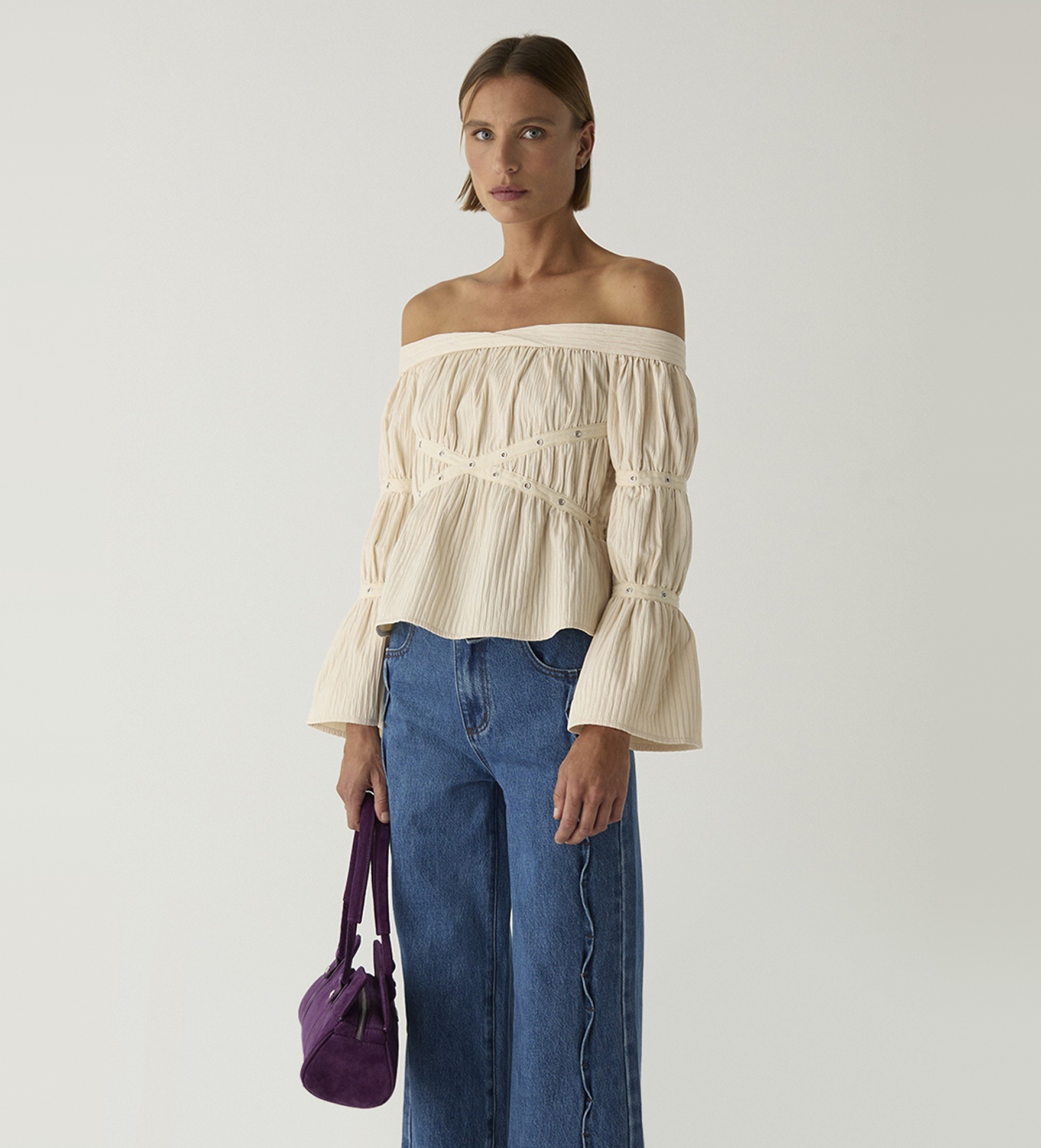 LAAGAMvoor vrouwen. M2326 Gerimpelde blouse Addison beige (M), Casual, Polyester, Lange mouwen