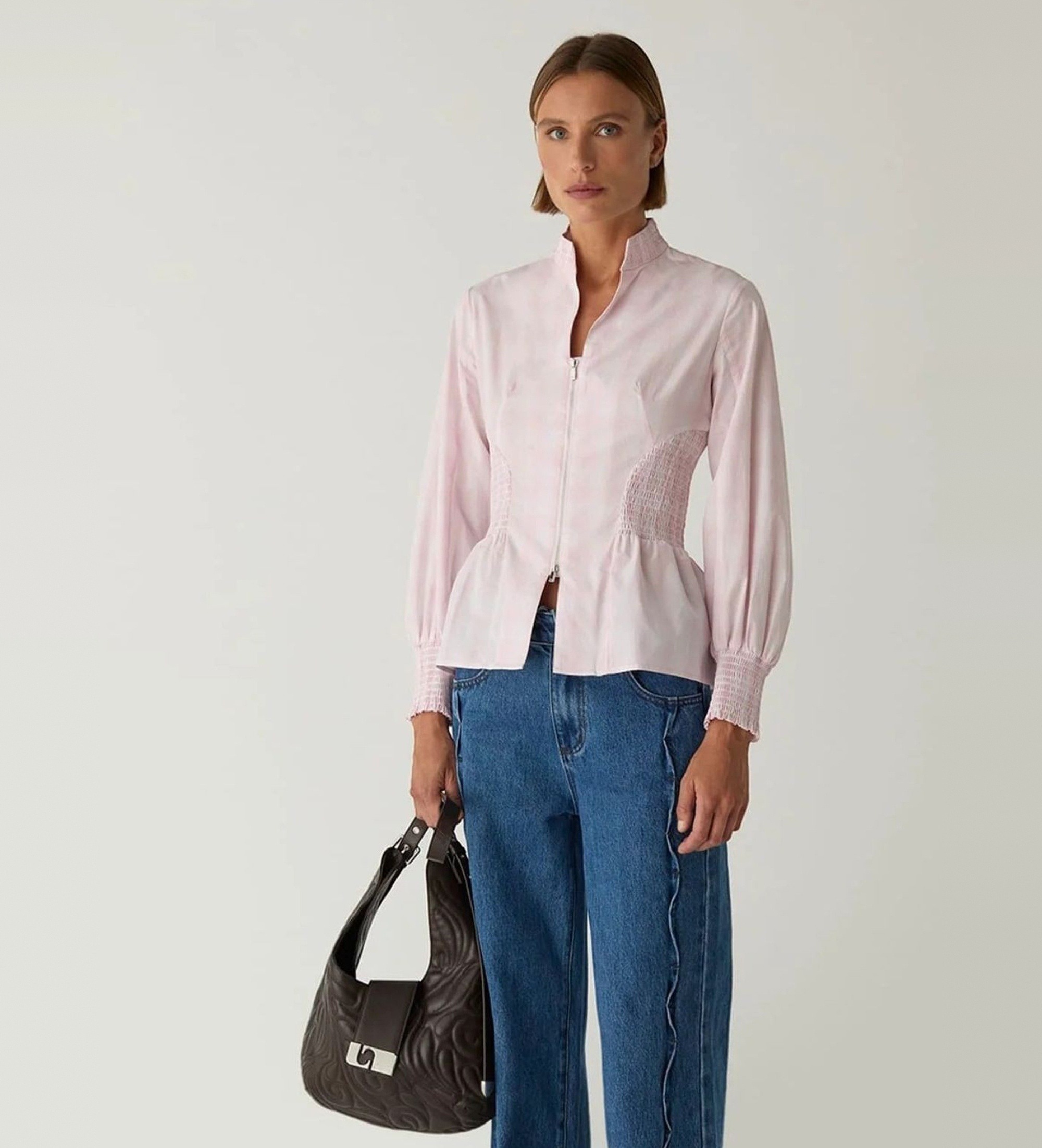 LAAGAMvoor vrouwen. M2330 Geruite blouse met roze rits (L), Casual, Katoen, Lange mouwen