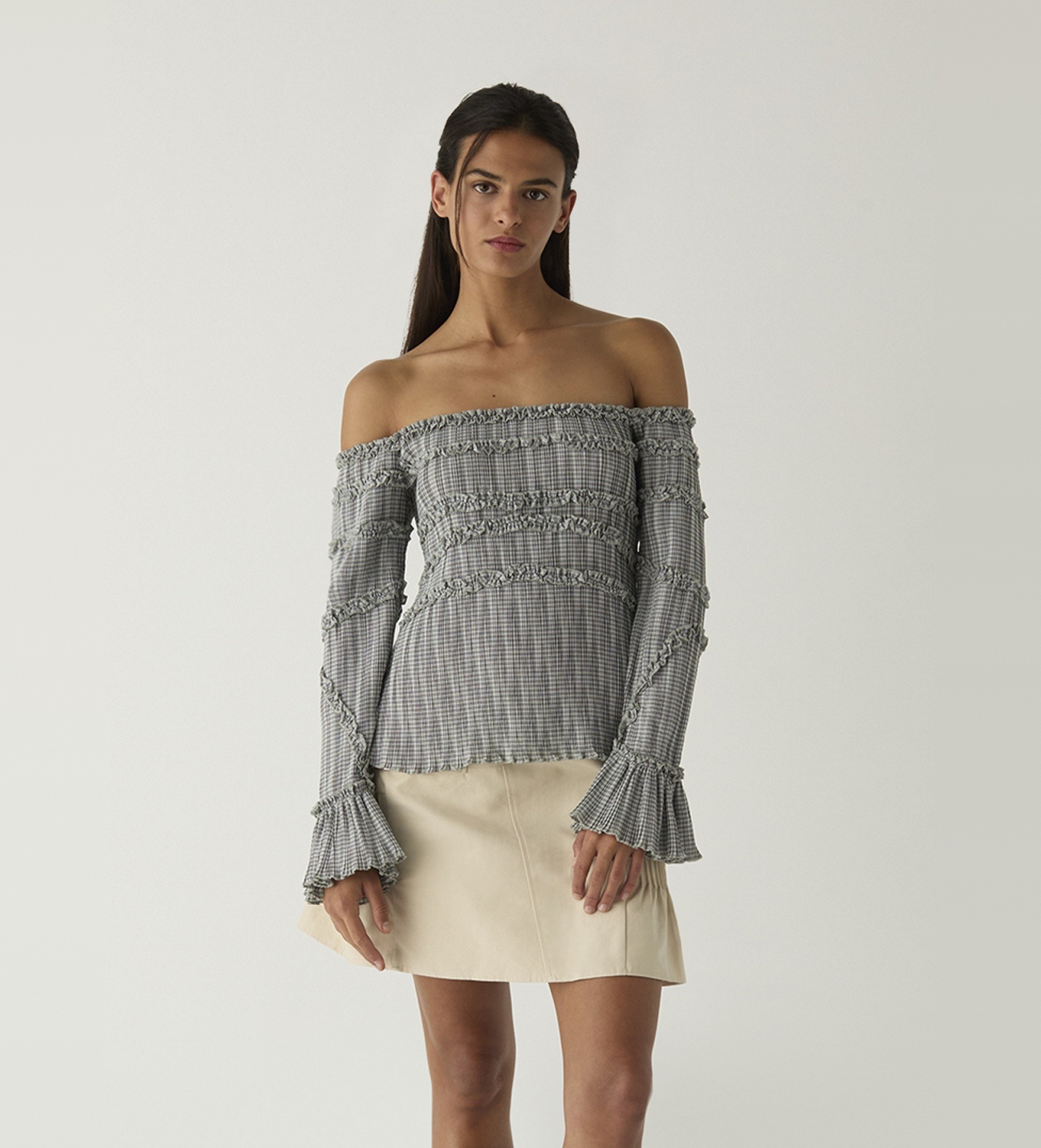 LAAGAMvoor vrouwen. M2301F01 Petra blouse met getextureerd grijs ruitpatroon (M), Casual, Polyester, Lange mouwen
