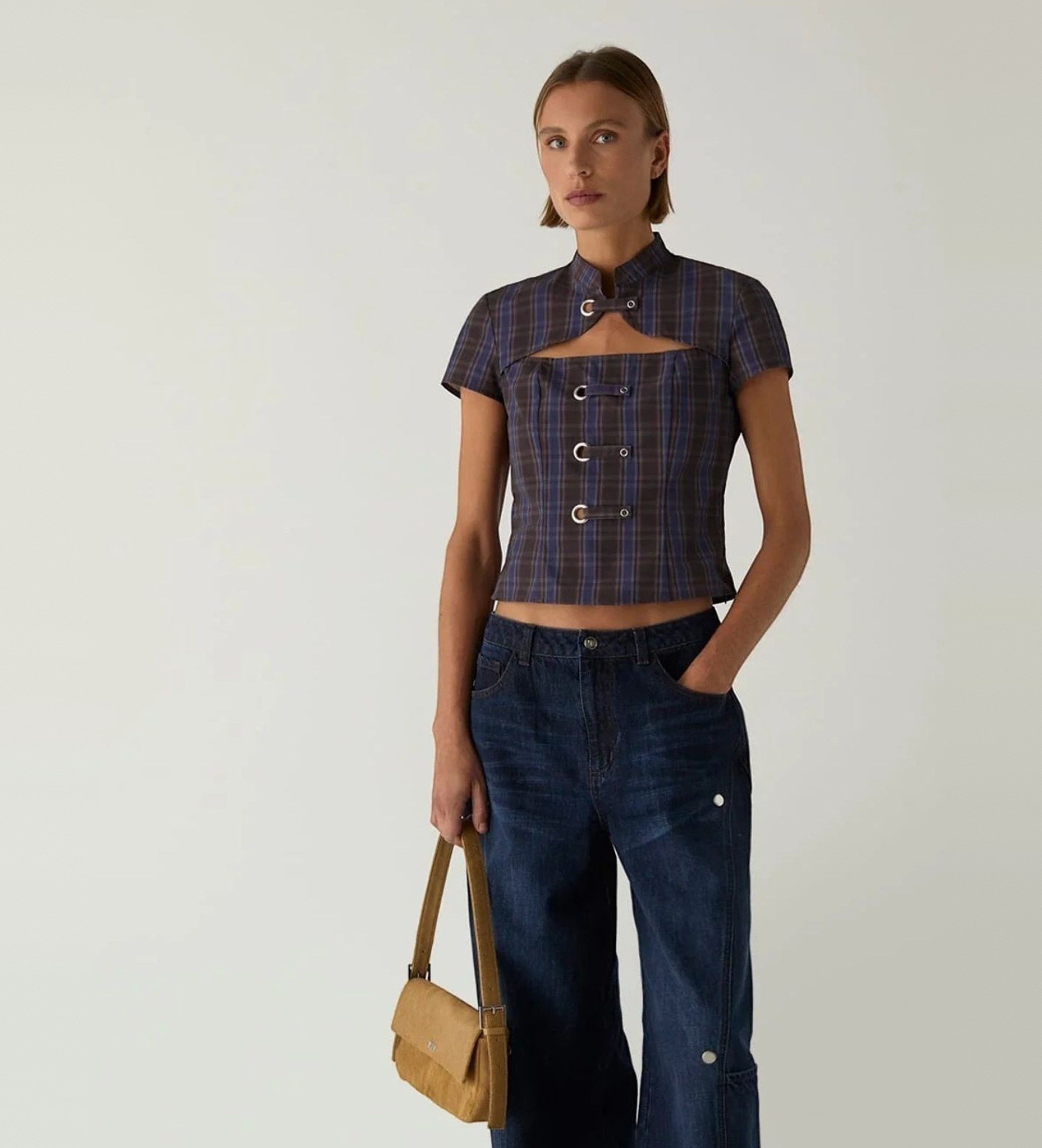 LAAGAMvoor vrouwen. M2027 Bruine geruite Azura-top (M), Casual, Katoen, Korte mouwen