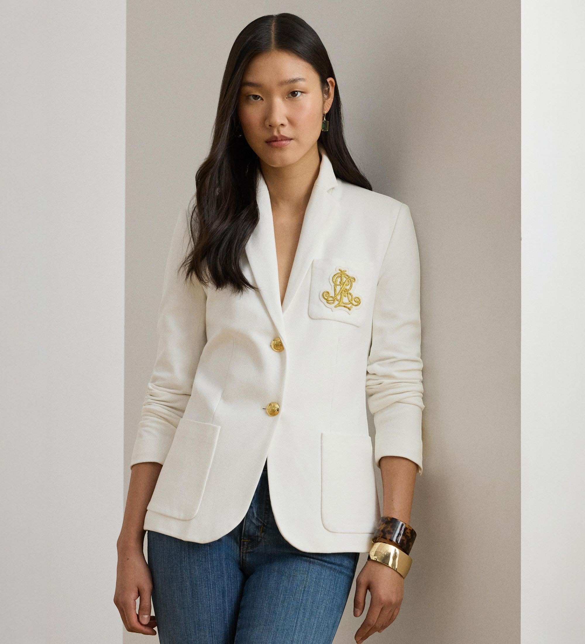 Lauren Ralph Lauren für Damen. 200797305001 Jacquard-Blazer mit weißen Metallics (M), Lässig, Baumwolle