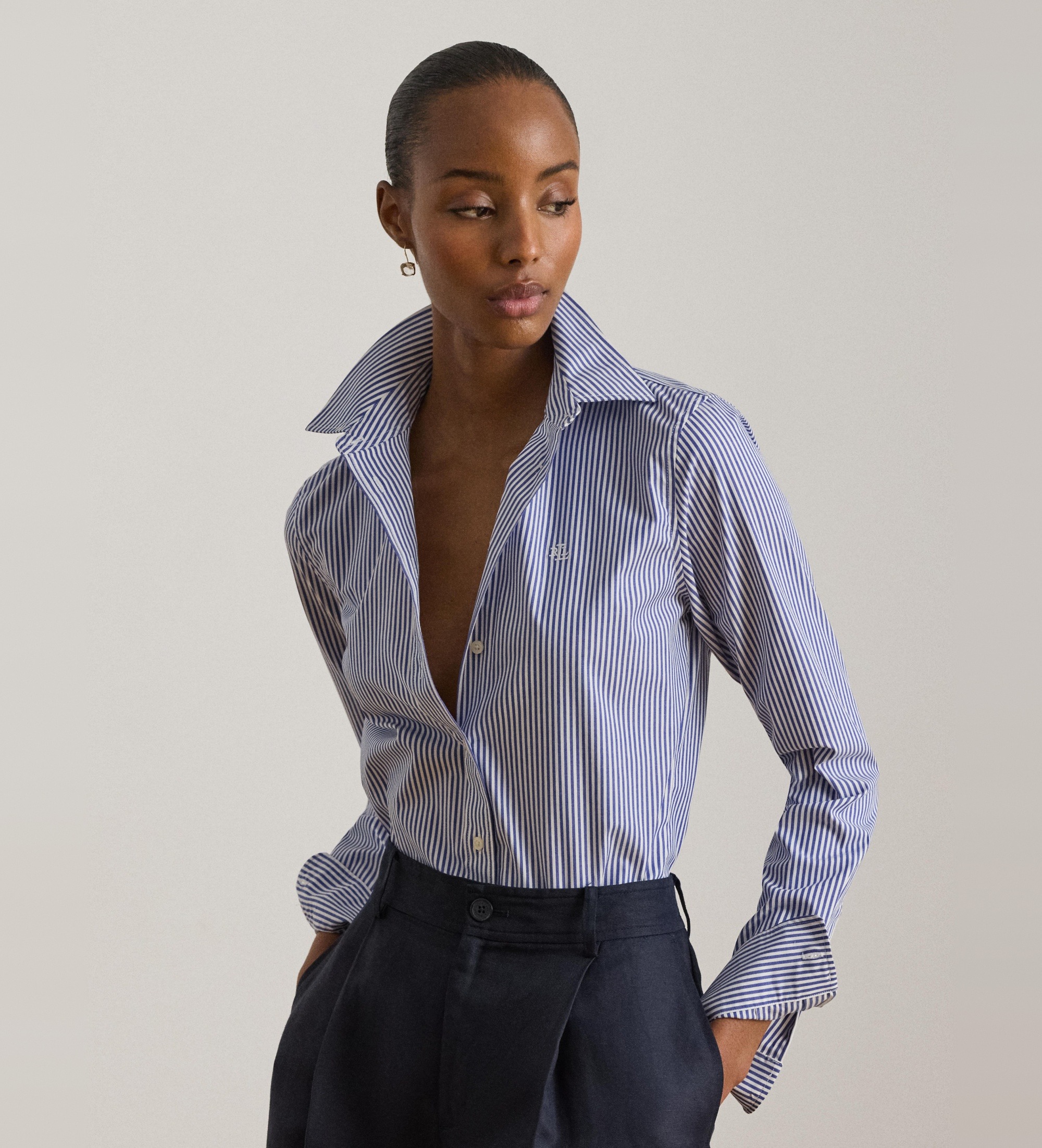 Lauren Ralph Lauren für Damen. 200859048001 Baumwollhemd mit blauen Classic Fit-Streifen (XL), Lässig, Baumwolle, Langarm