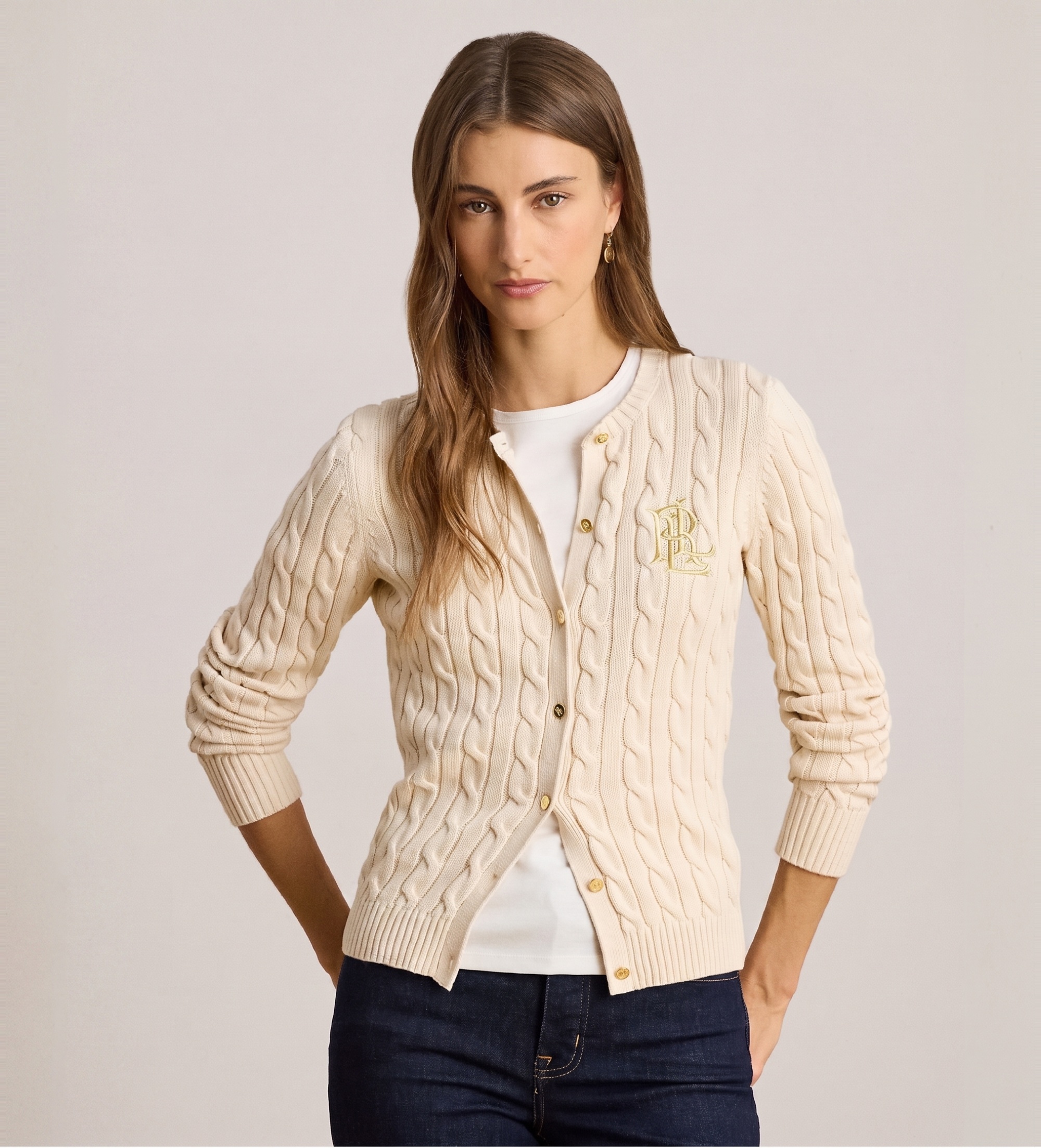 Lauren Ralph Lauren für Damen. 200932225001 Beigefarbene Strickjacke aus Baumwolle mit Zopfmuster (XS), Lässig