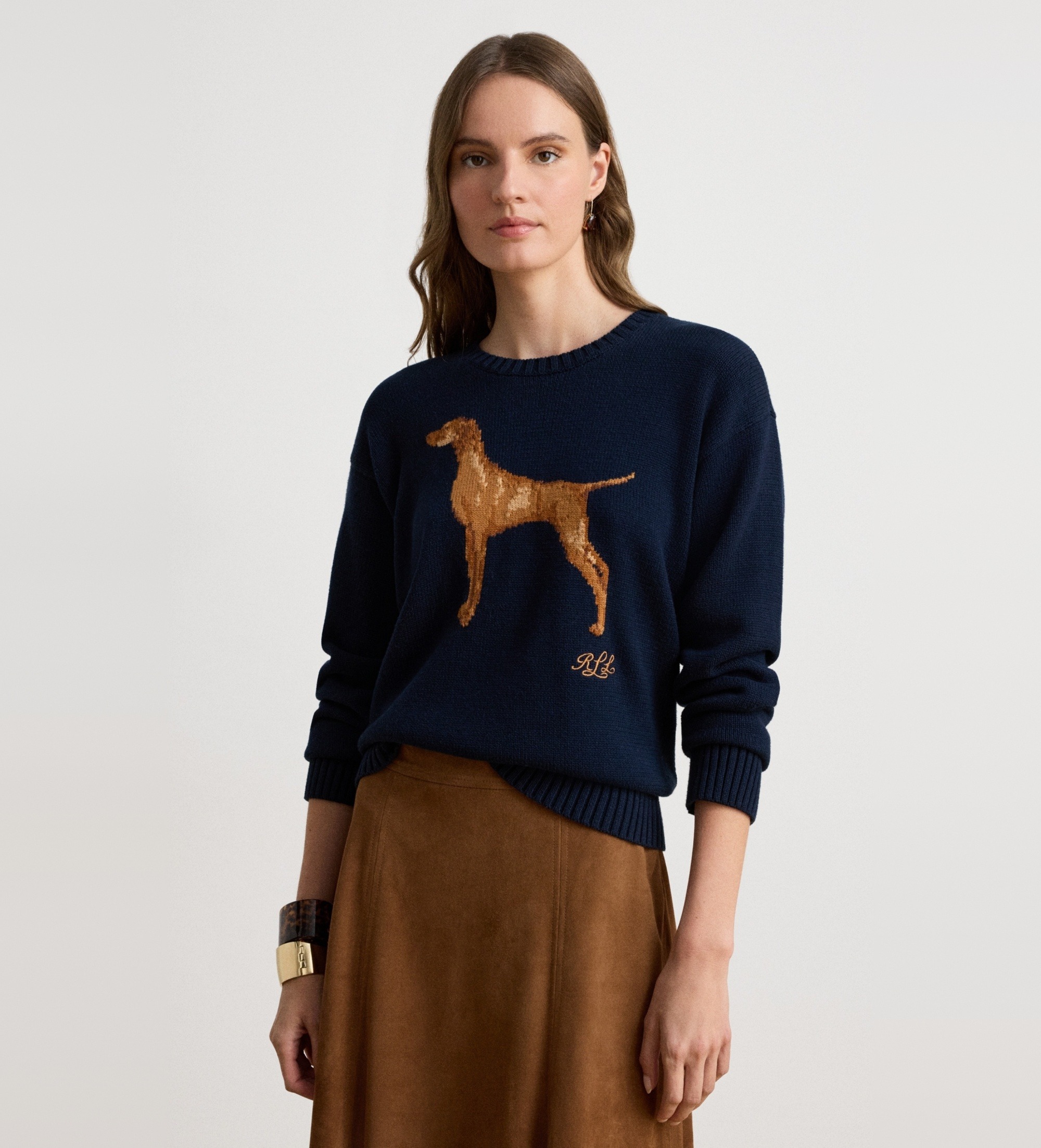 Lauren Ralph Lauren für Damen. 200P14120500 Baumwollpullover mit Intarsienhund in Marineblau (S), Lässig, Baumwolle