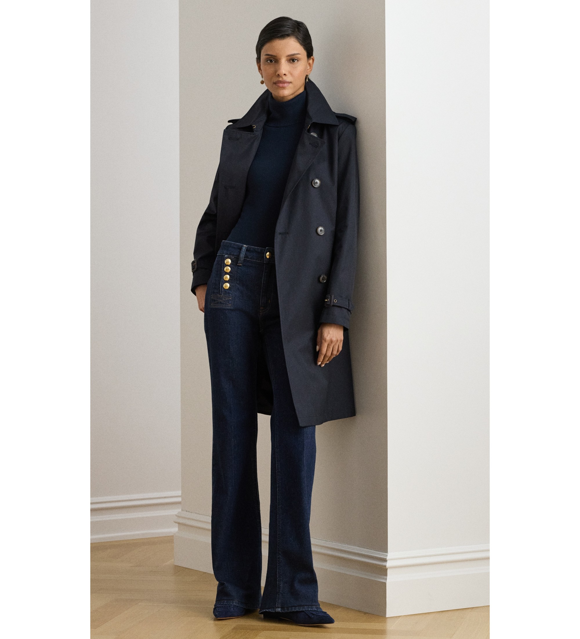 Lauren Ralph Lauren für Damen. 297967122003 Marineblaue Trenchcoat aus Baumwollmischgewebe mit Doppelreiher (L), Lässig, Baumwolle, Klassisc