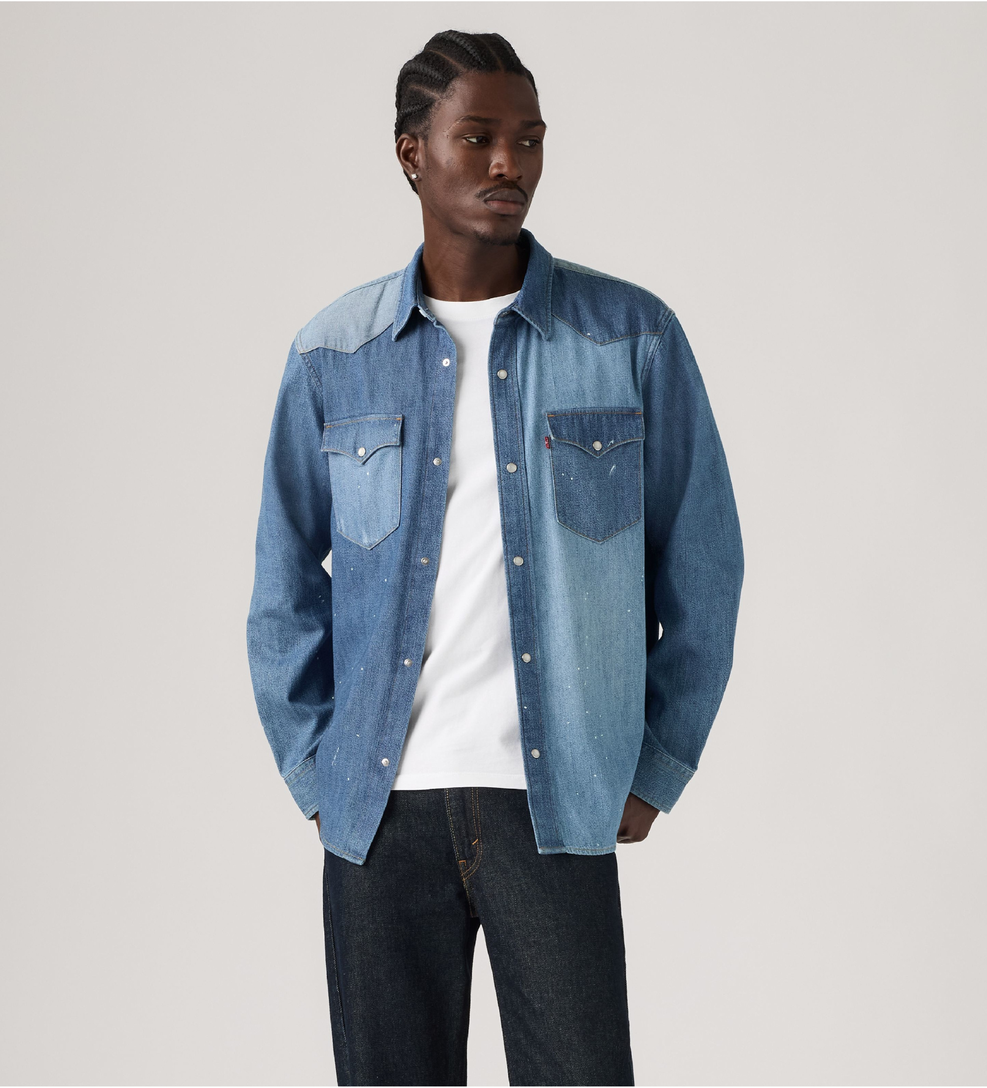 Levi's für Herren. 008CT-0000 Western-Hemd mit vorderem Rückenpasse Relaxed-Schnitt in Mittelblau (S), Lässig, Baumwolle, Langarm