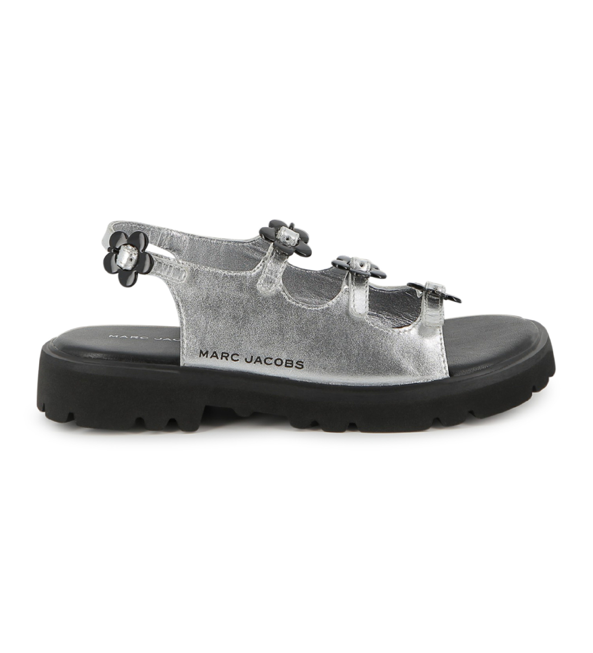 Marc Jacobs für Mädchen. W60822 Silberne Metallic-Sandalen (35), Leder, Wohnung, Schnalle, Lässig, Kinderbekleidung