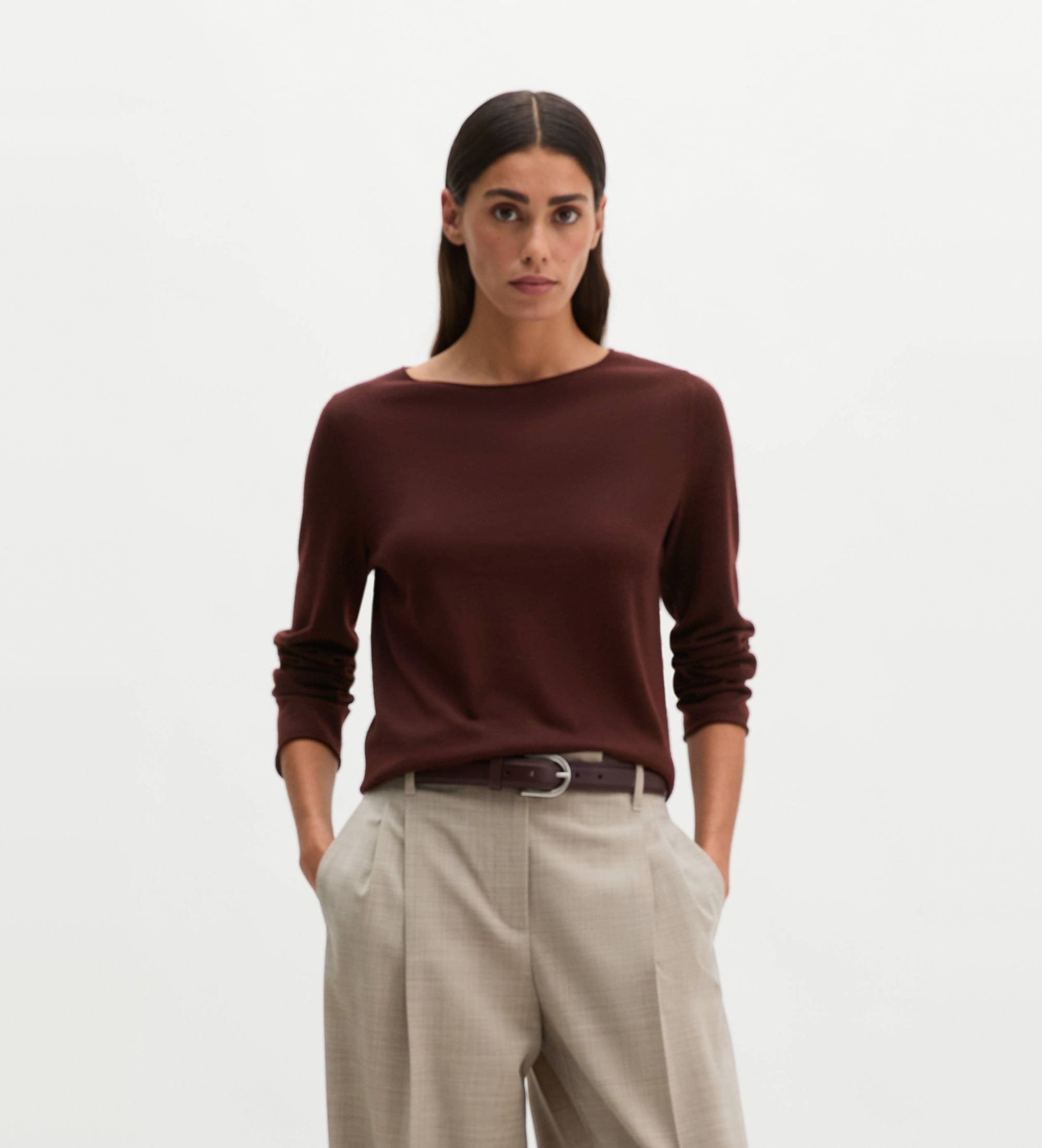 Marc O'Polo für Damen. 5000008635 Schmaler Strickpullover in Granatrot (M), Lässig, Kastanienbraun, Wolle, Langarm