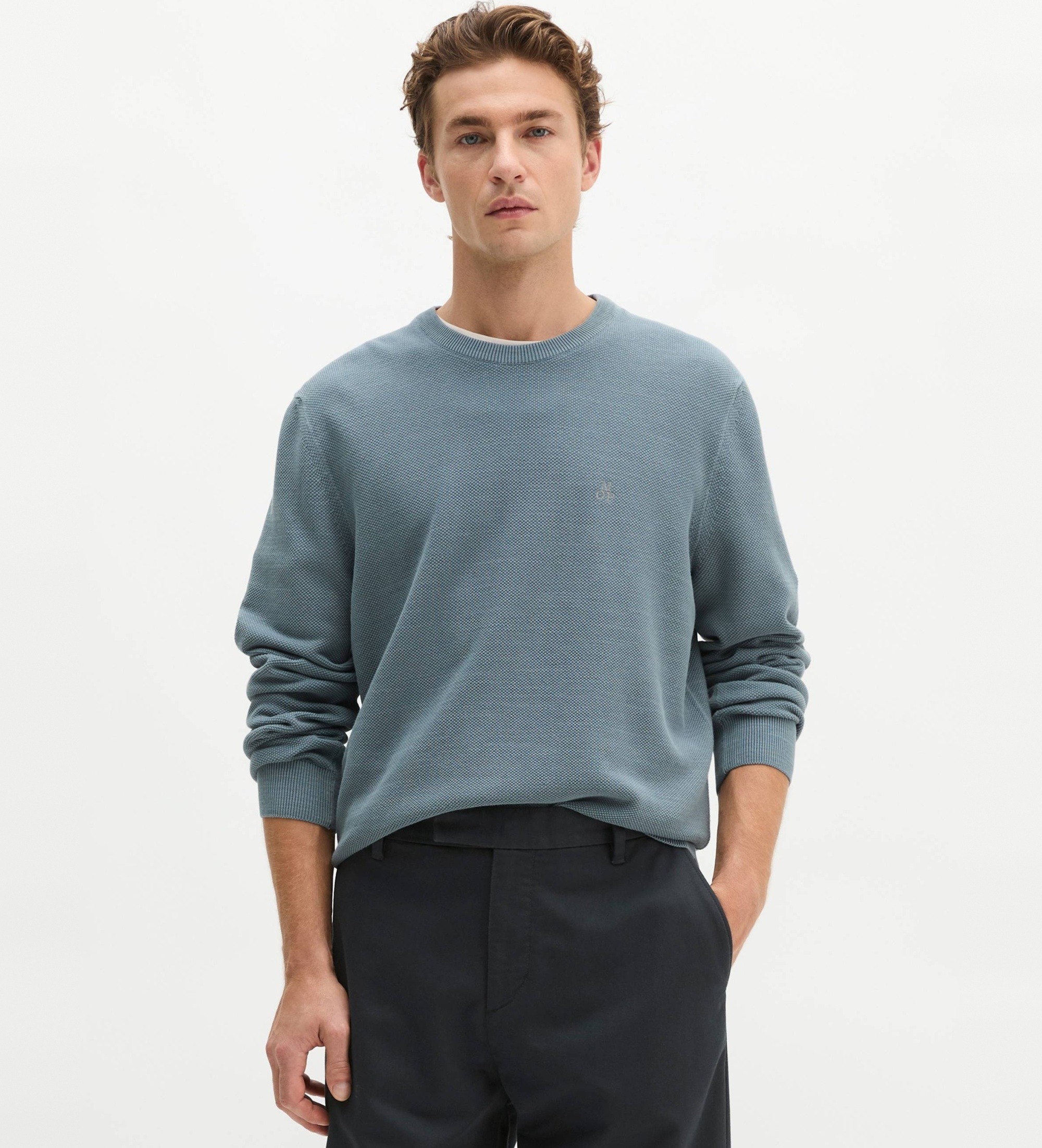 Marc O'Polo für Herren. 5000009413 Blauer Regular-Pullover aus Bio-Baumwoll-Piqué (S), Lässig, Baumwolle, Langarm