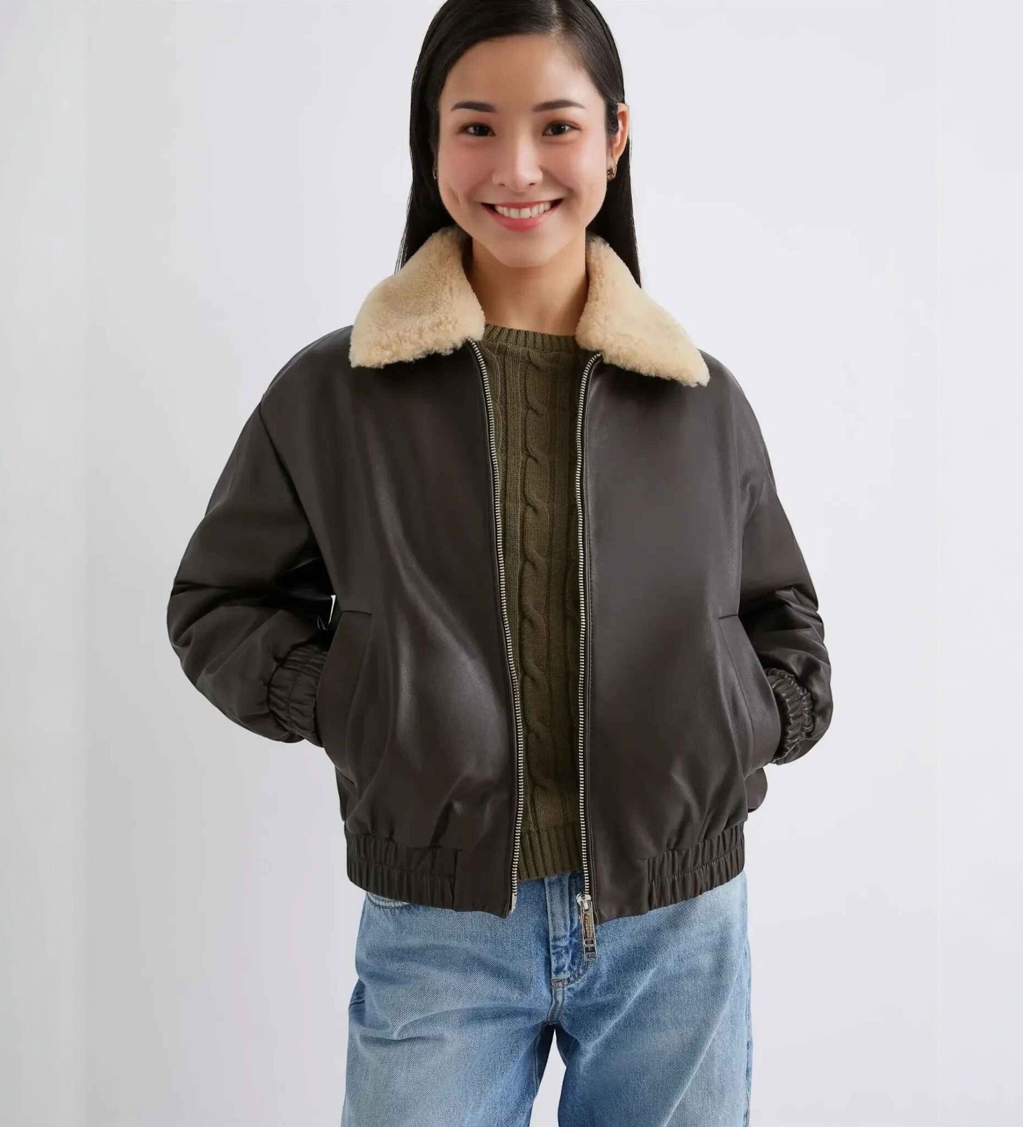 Marella für Damen. 2523446034200 Braune Leder-Bomberjacke von Scandio (48), Lässig
