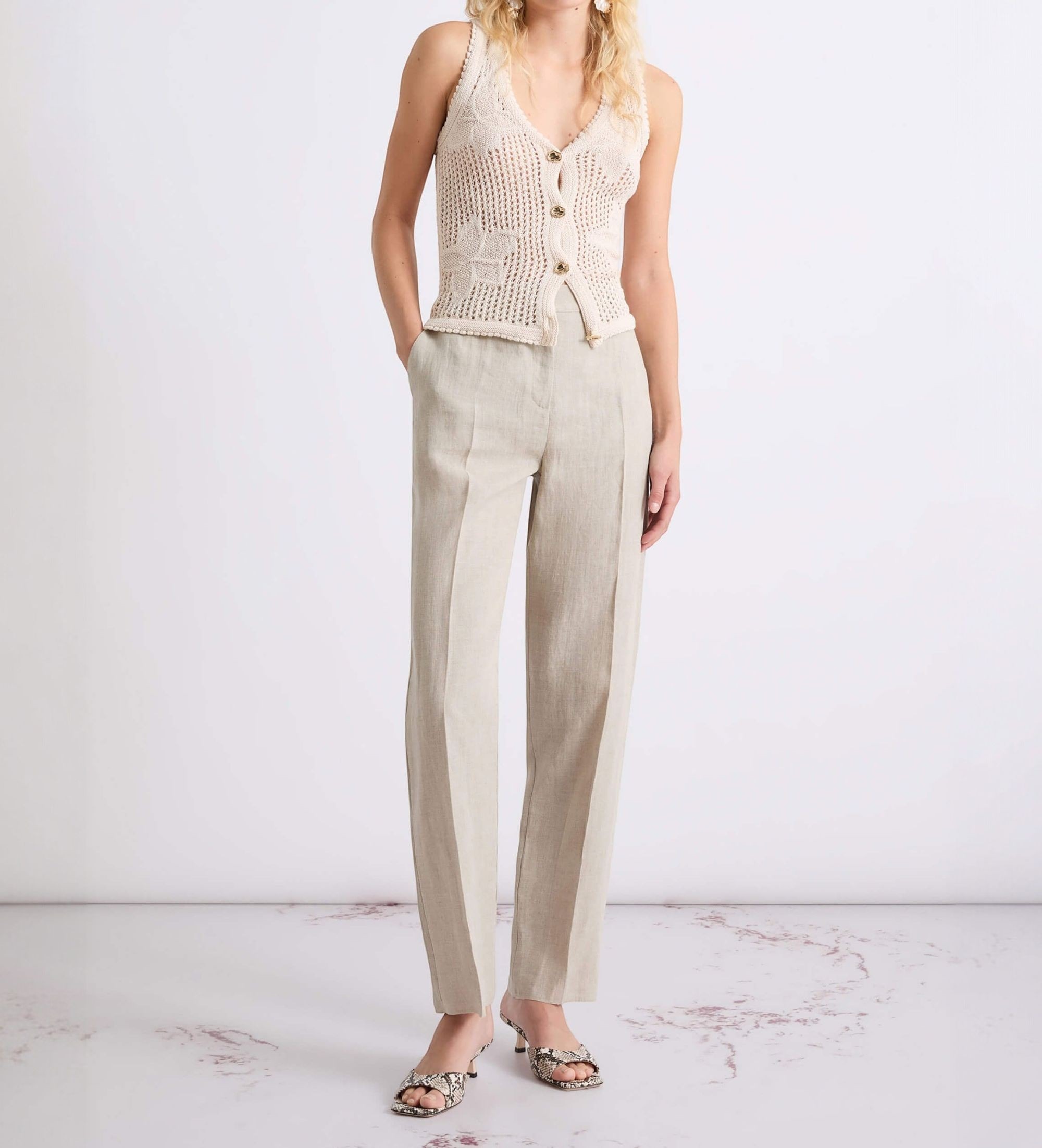 Marella für Damen. 2613131052200 Beigefarbene Chino-Hose aus Leinen (44), Lässig