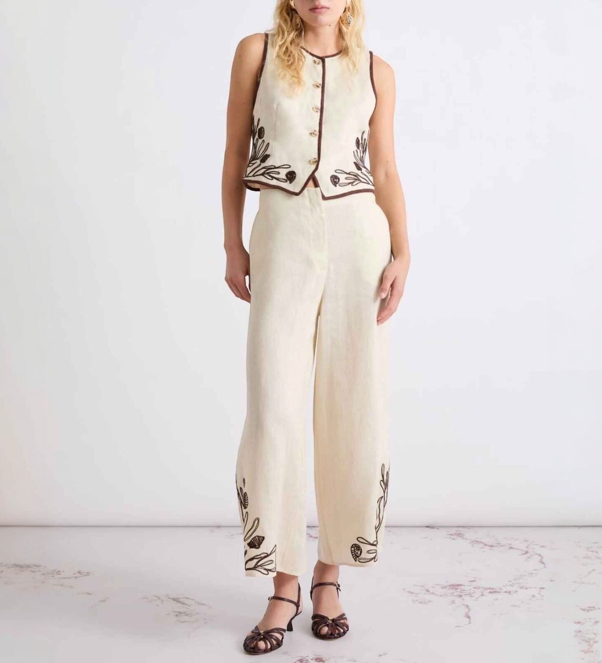 Marella für Damen. 2613131012200 Leinenhose mit beiger Stickerei (44), Lässig