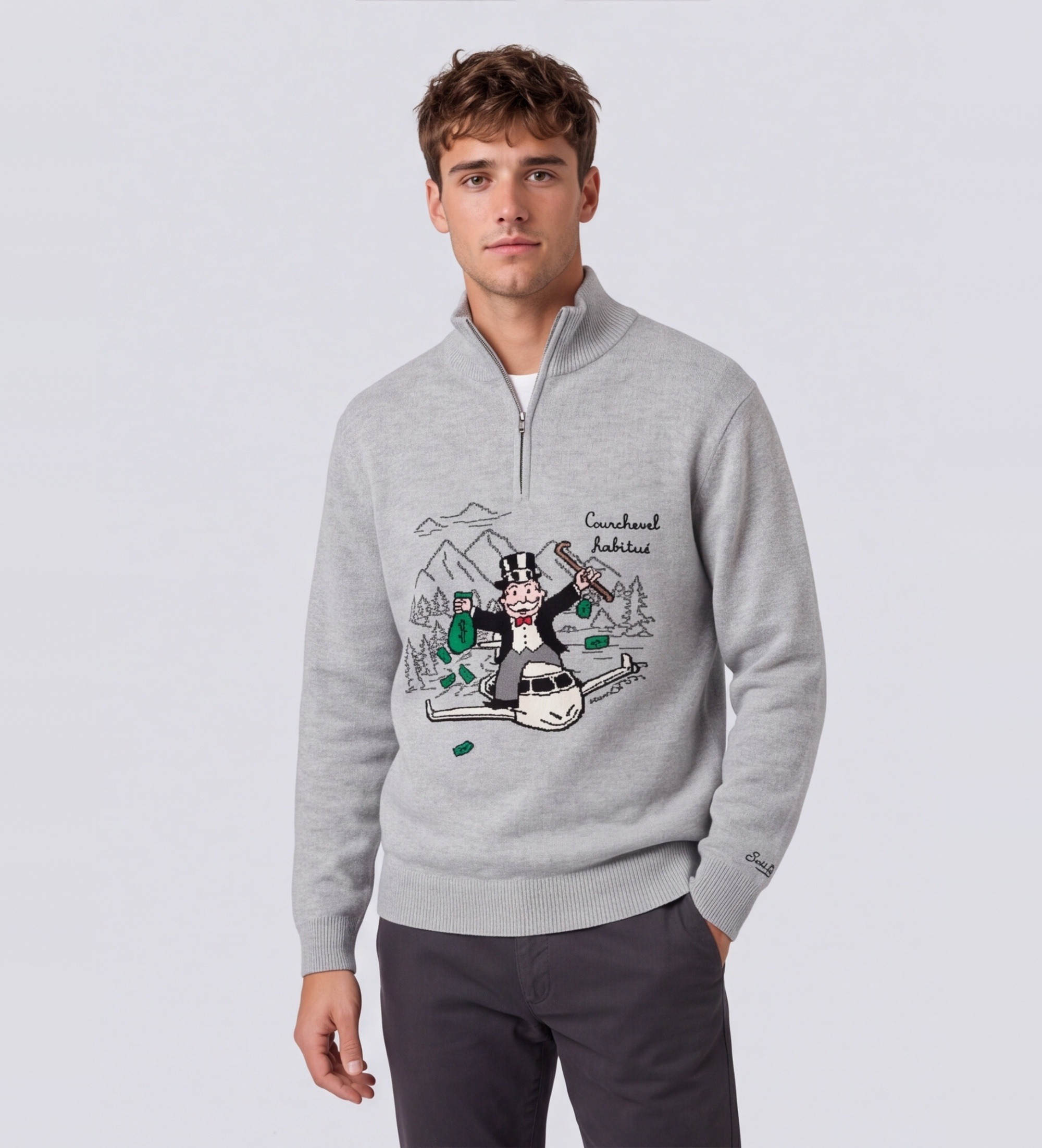 MC2 Saint Barthvoor mannen. BUCK008 Gebreide trui met intarsia en Monopoly-borduursel in grijs (S), Casual, Wol