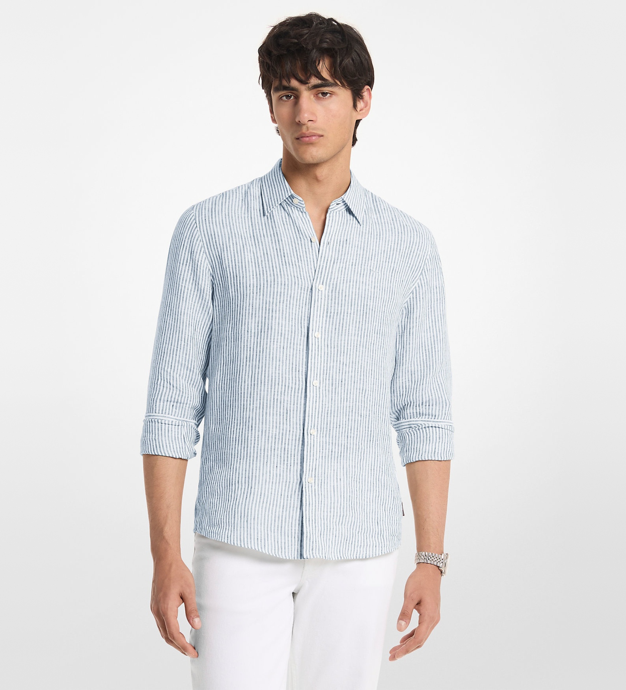 Michael Kors für Herren. CS64005GXE Blaues Leinenhemd (XL), Lässig, Langarm