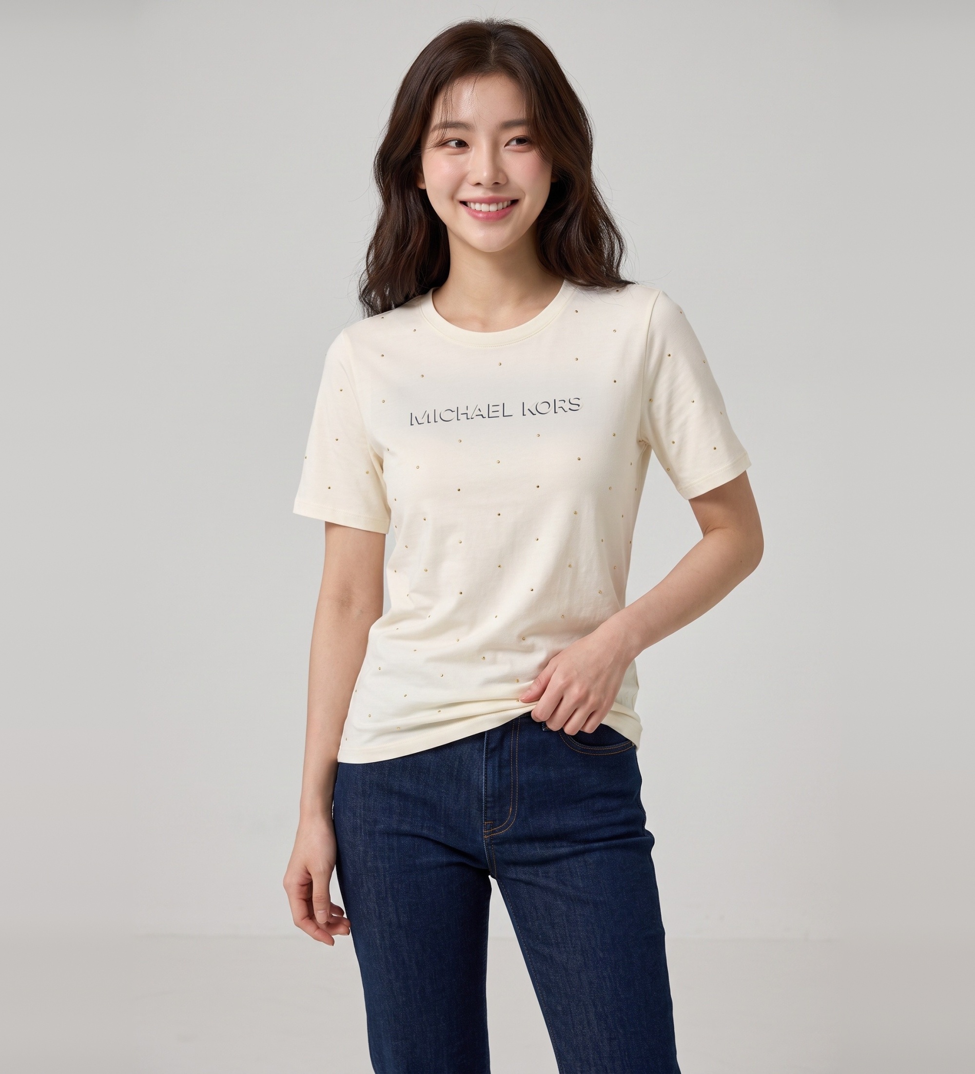 Michael Kors für Damen. MT6524Y97J T-Shirt Classic MK Stud Offwhite (S), Weiß, Lässig, Kurzarm, Bio-Baumwolle