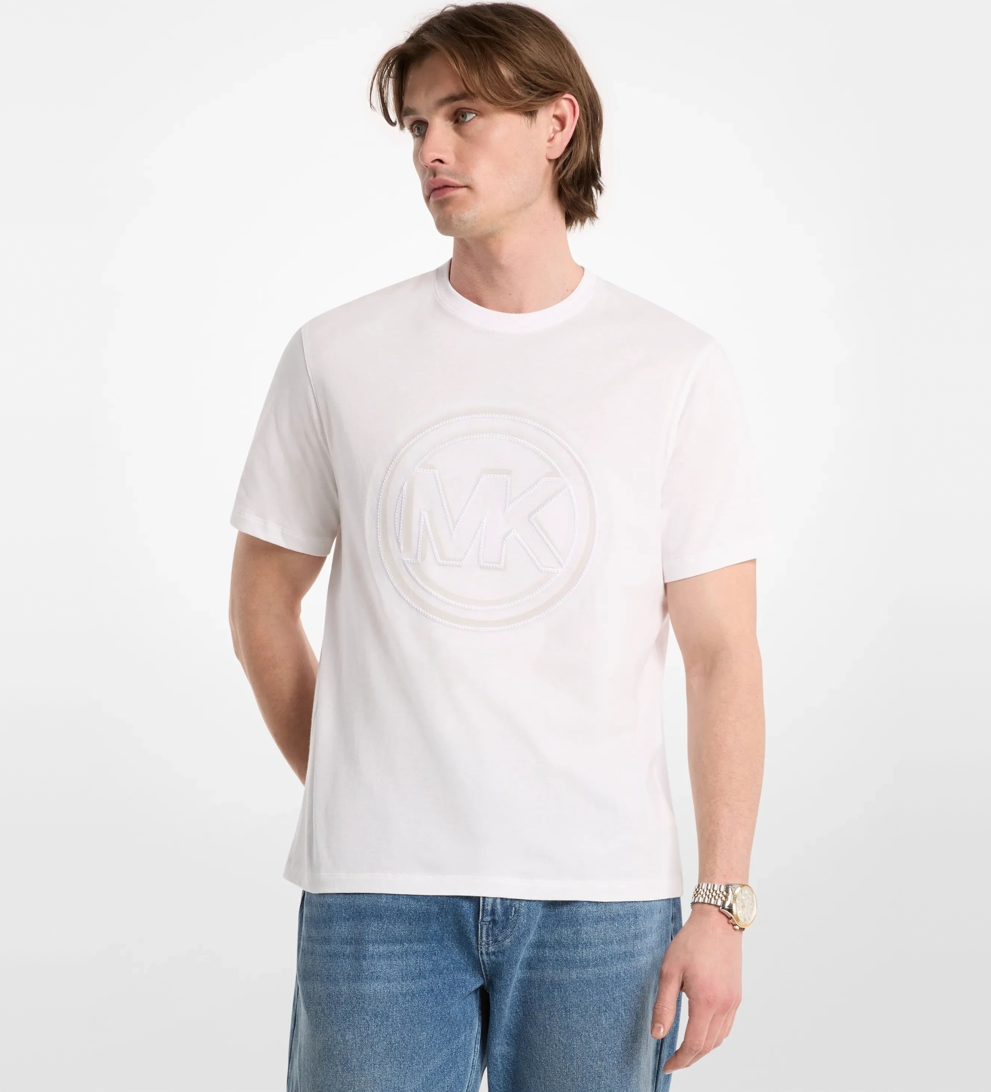Michael Kors für Herren. CT65325FV4 Schlichtes Baumwoll-Strick-T-Shirt mit weißem Logo-Schmuck (M), Lässig, Baumwolle, Kurzarm