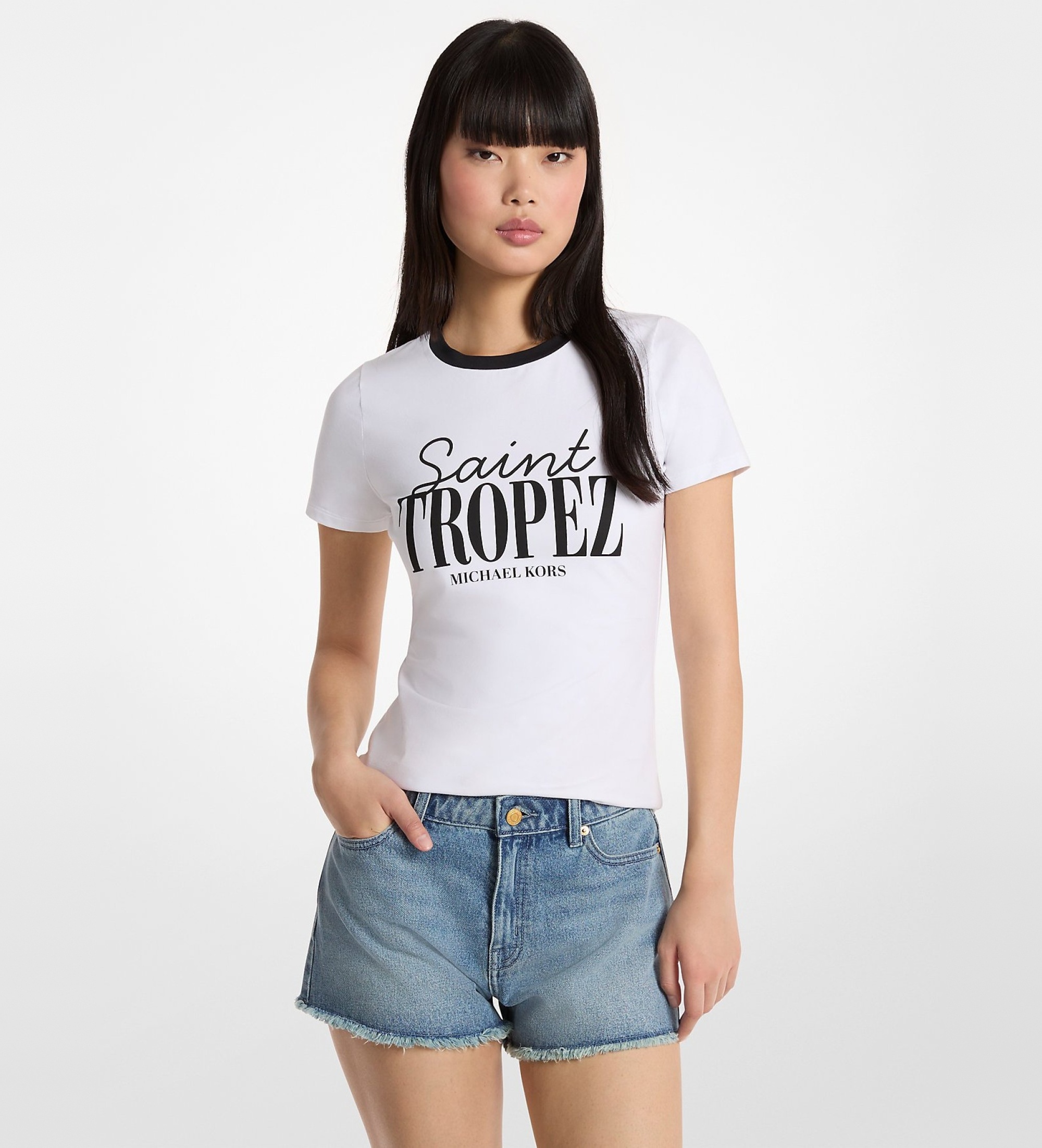Michael Kors für Damen. MS6520FANU Saint-Tropez-T-Shirt weiß (M), Lässig, Baumwolle, Kurzarm