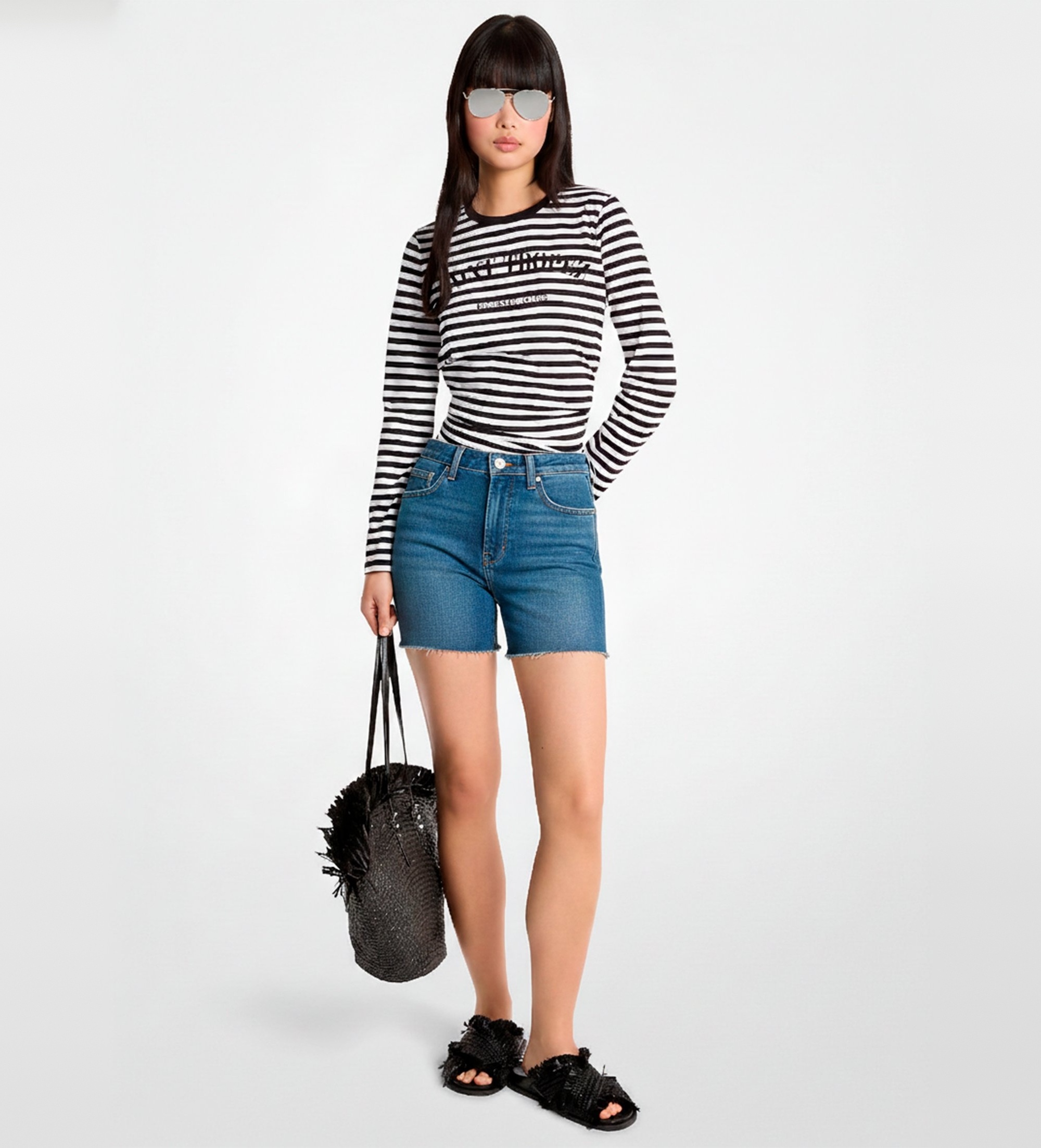 Michael Kors für Damen. MS6520JKWZ Saint-Tropez-T-Shirt weiß, schwarz (M), Lässig, Baumwolle, Langarm
