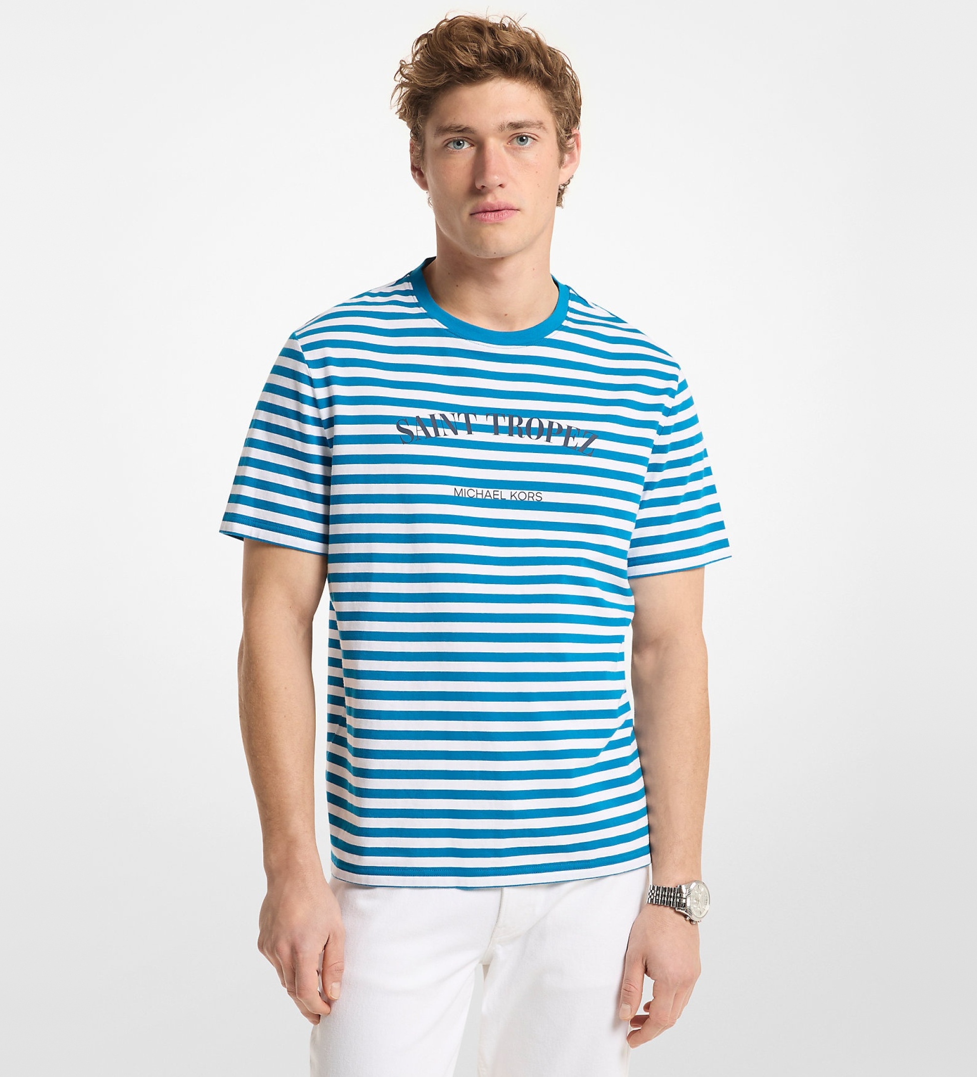 Michael Kors für Herren. CS652XRFV4 Saint-Tropez blau gestreiftes T-Shirt aus Baumwolle, einfarbig gestrickt (XS), Lässig, Kurzarm