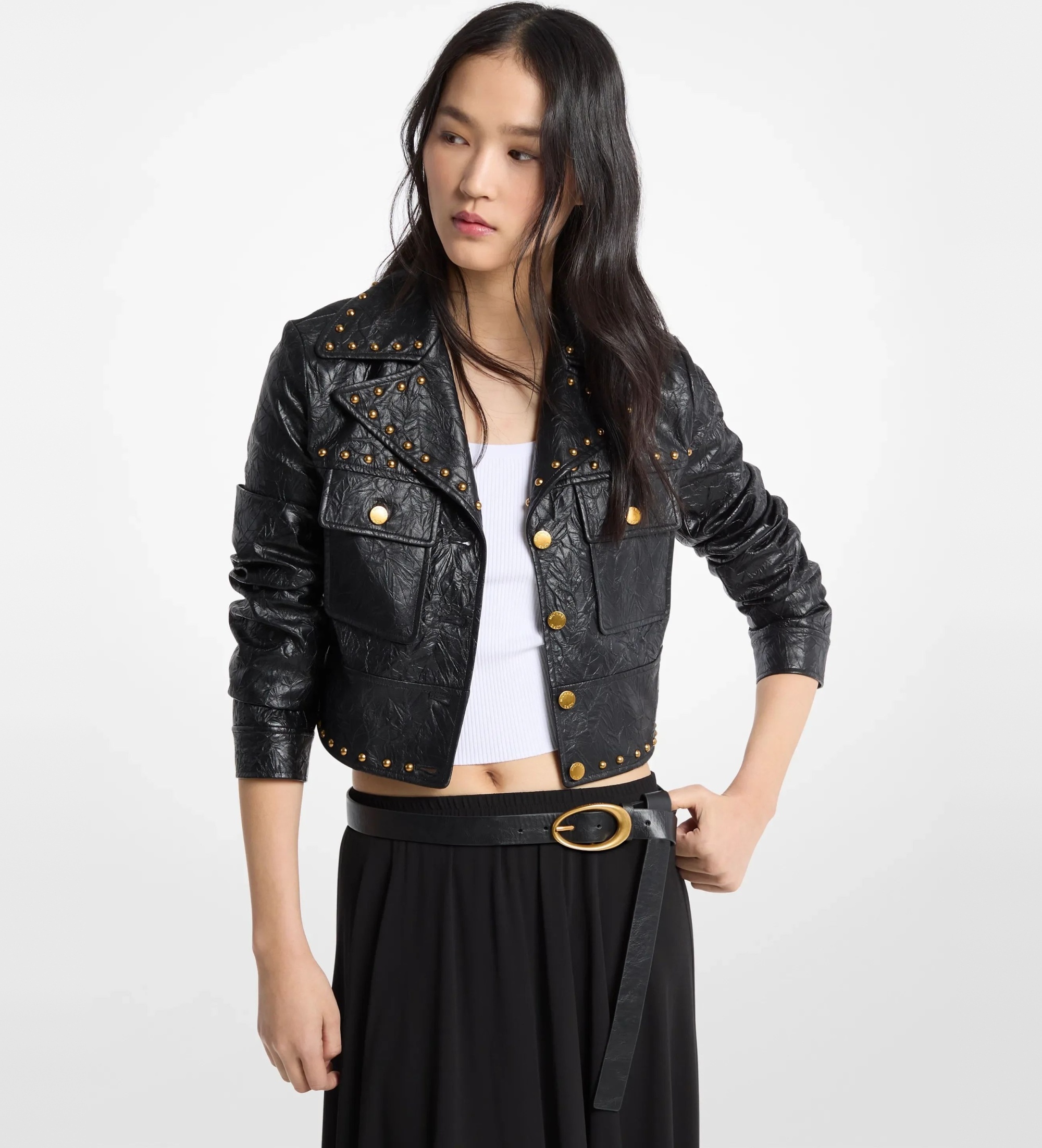 Michael Kors für Damen. MT620LKL4K Schwarze FX-Lederjacke mit Nieten (36), Lässig, Polyester