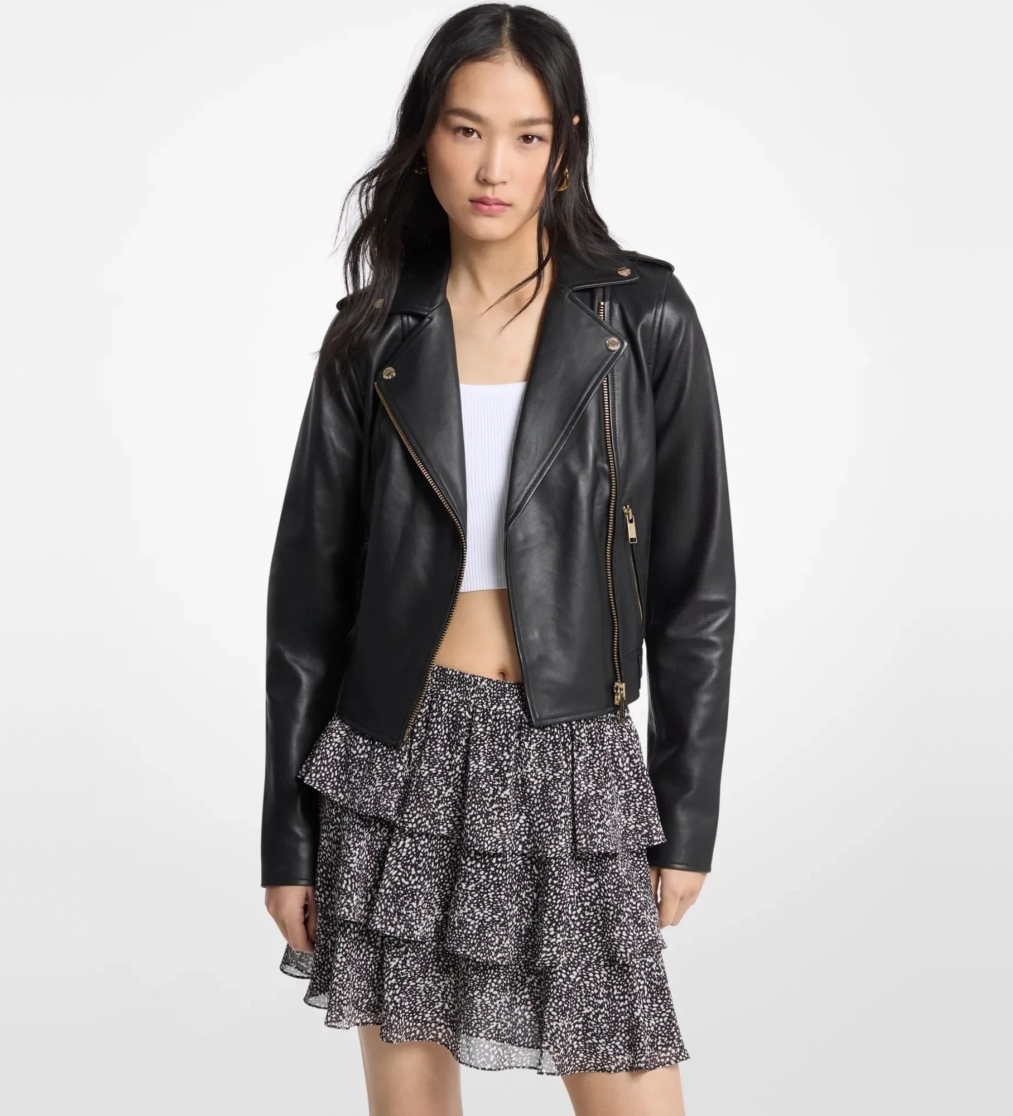 Michael Kors für Damen. MT520IE8RK Schwarze Leder-Bikerjacke (M), Lässig