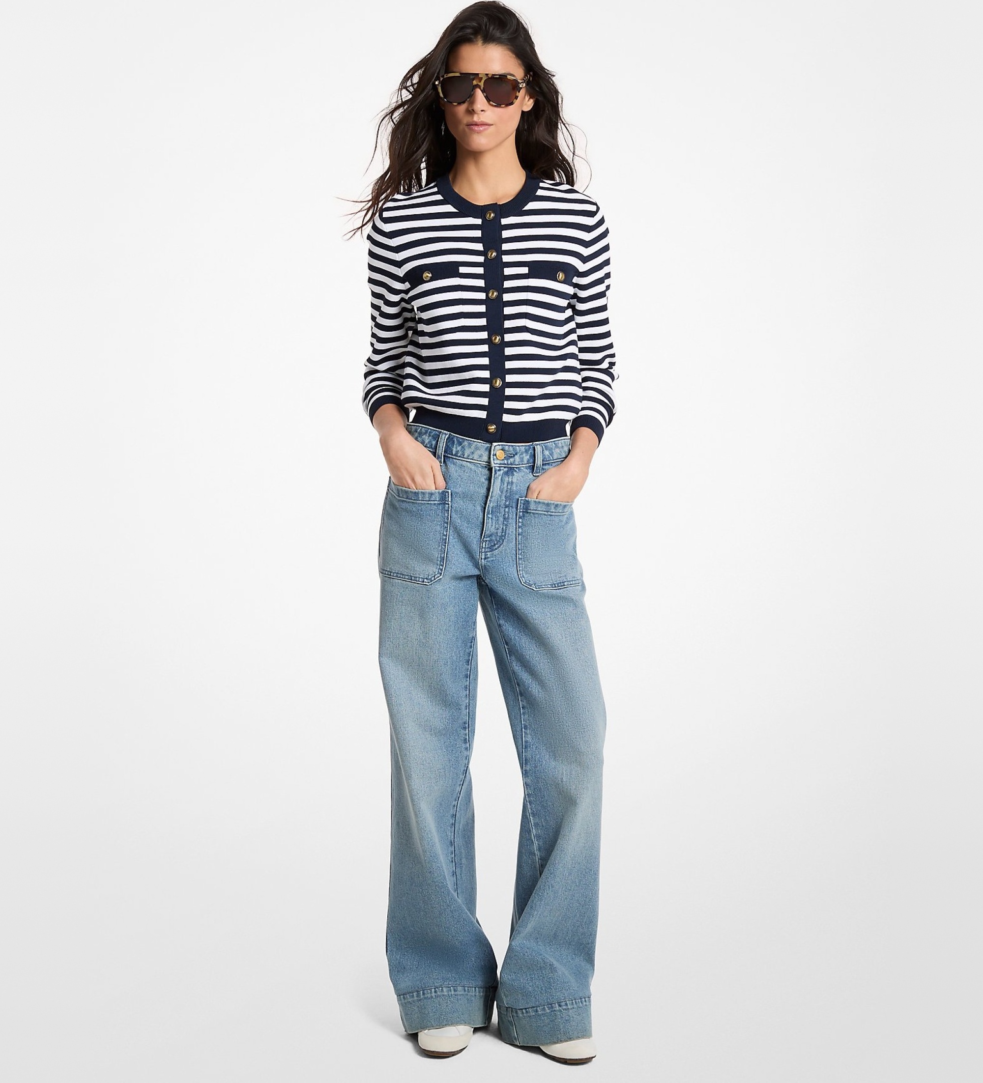 Michael Kors für Damen. MS661G1KVM Gestreifte Strickjacke aus Rippstrick navy, weiß (S), Blau, Lässig, Viskose, Marine