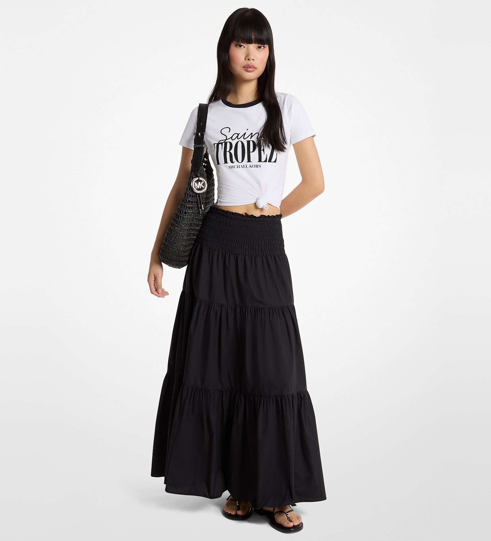 Michael Kors für Damen. MS673BFKLZ Schwarzer geraffter Maxirock (XS), Lässig, Baumwolle