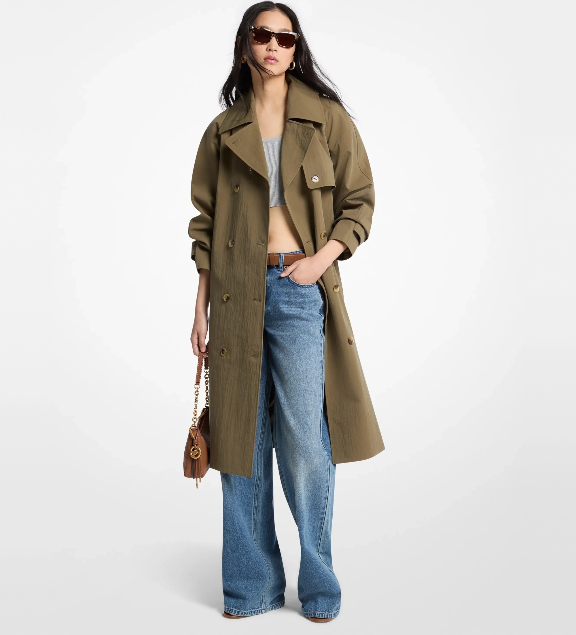 Michael Kors für Damen. MS620FLKMY Oversized Trenchcoat aus gewaschenem Baumwoll-Nylon in Grünbraun (S), Lässig, Baumwolle, Klassisch
