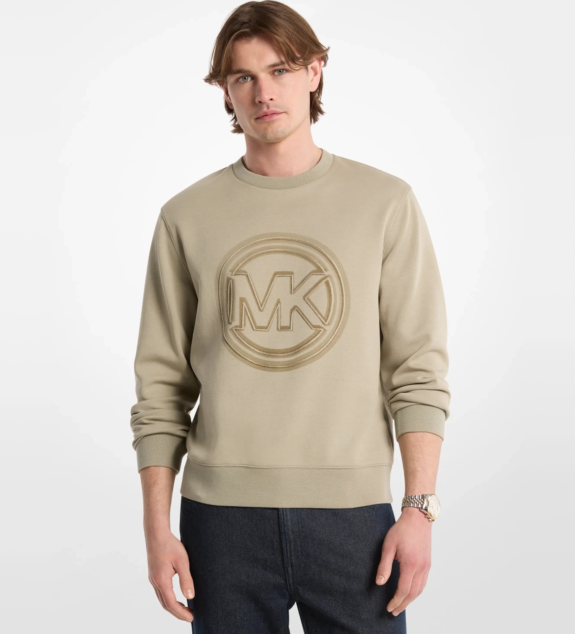 Michael Kors für Herren. CT653715MF Beigefarbenes Sweatshirt aus Baumwollmischung mit Logo und Rundhalsausschnitt (L), Lässig, Bio-Baumwolle