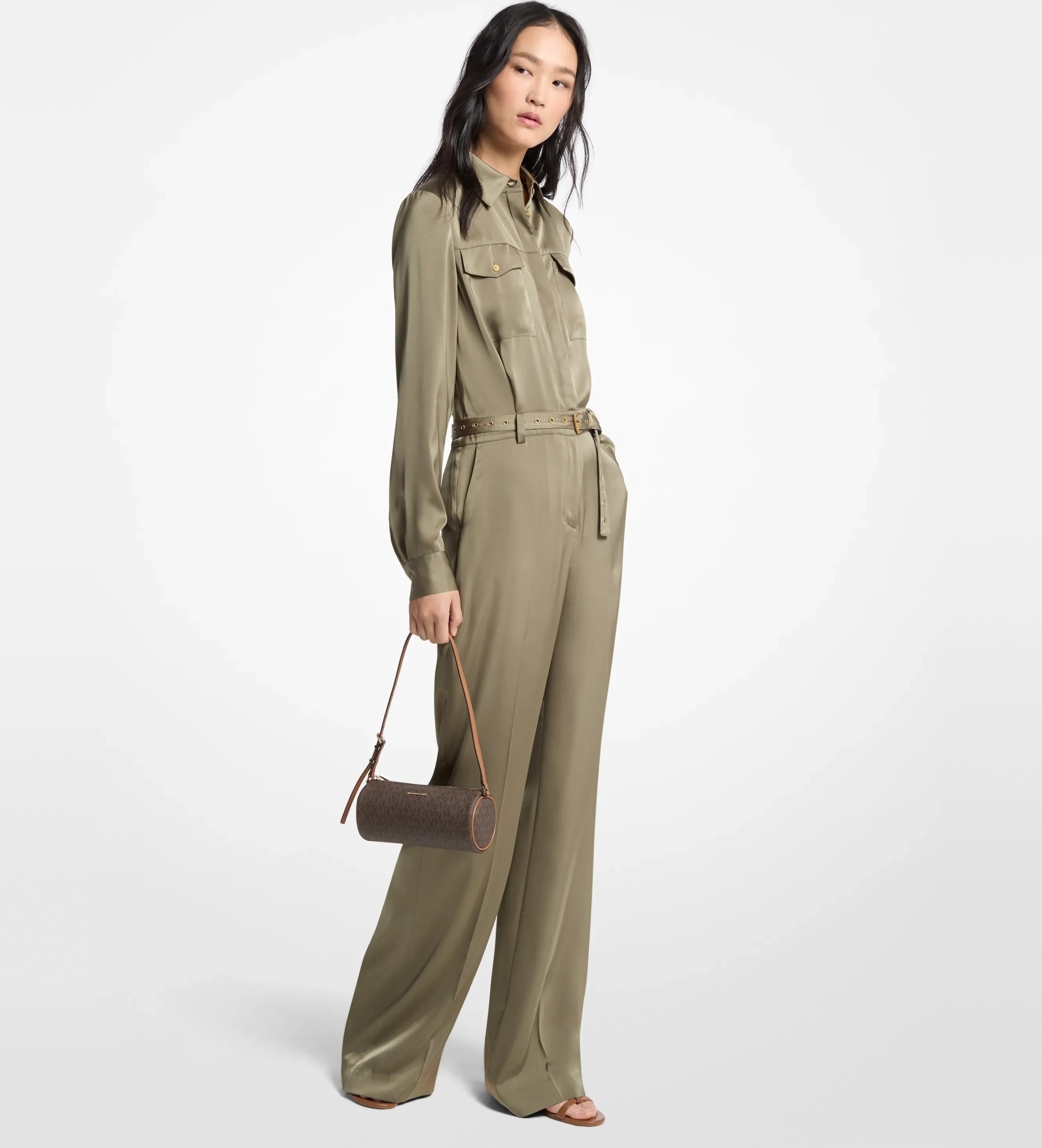 Michael Kors für Damen. MT683L5AYJ Grüner Satin-Overall (38), Lässig, Langarm, Recyceltes Polyester