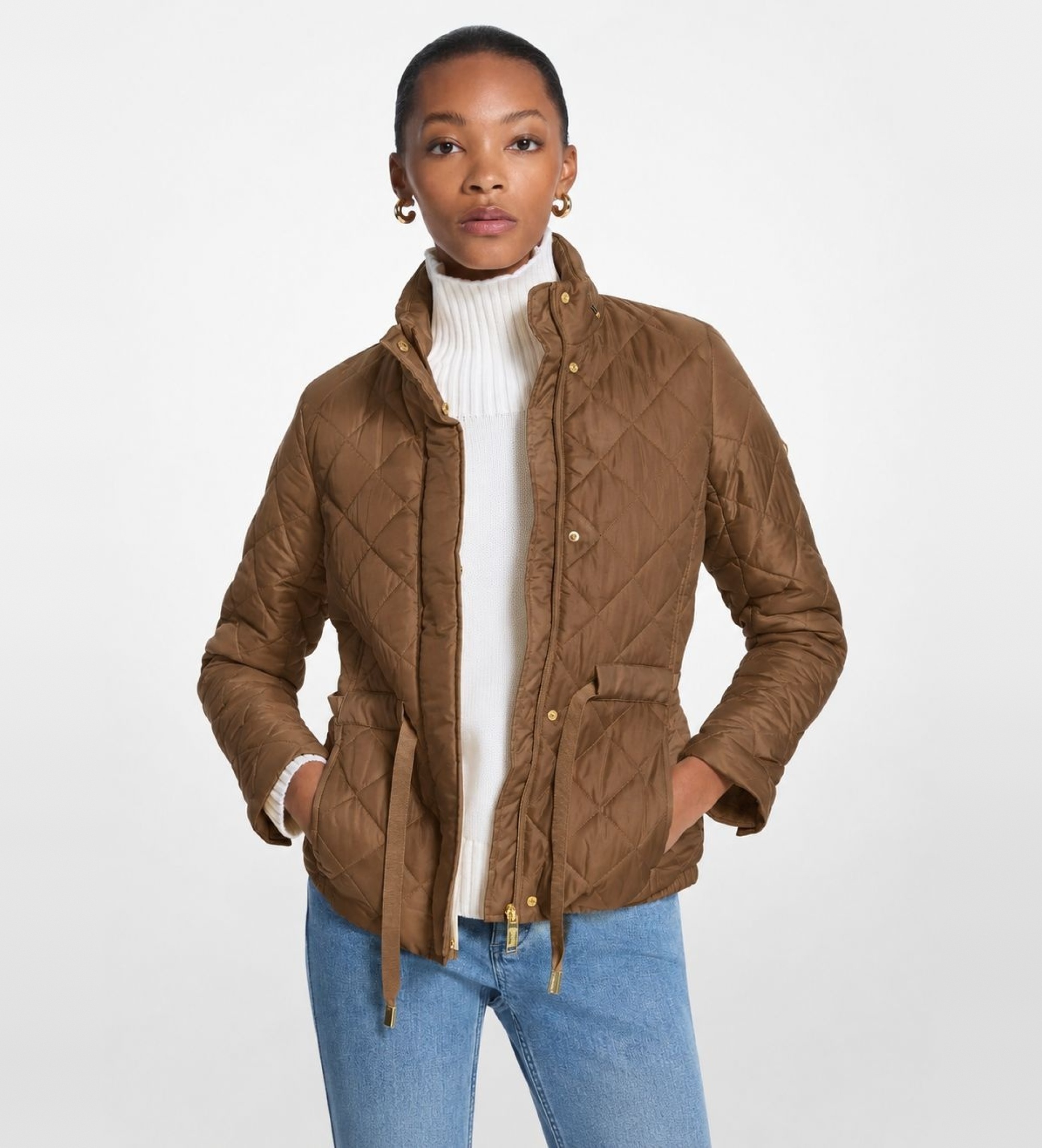 Michael Kors für Damen. MT520IB3SB Öko-Daunenmantel mit braunem Gürtel (S), Lässig, Recyceltes Polyester