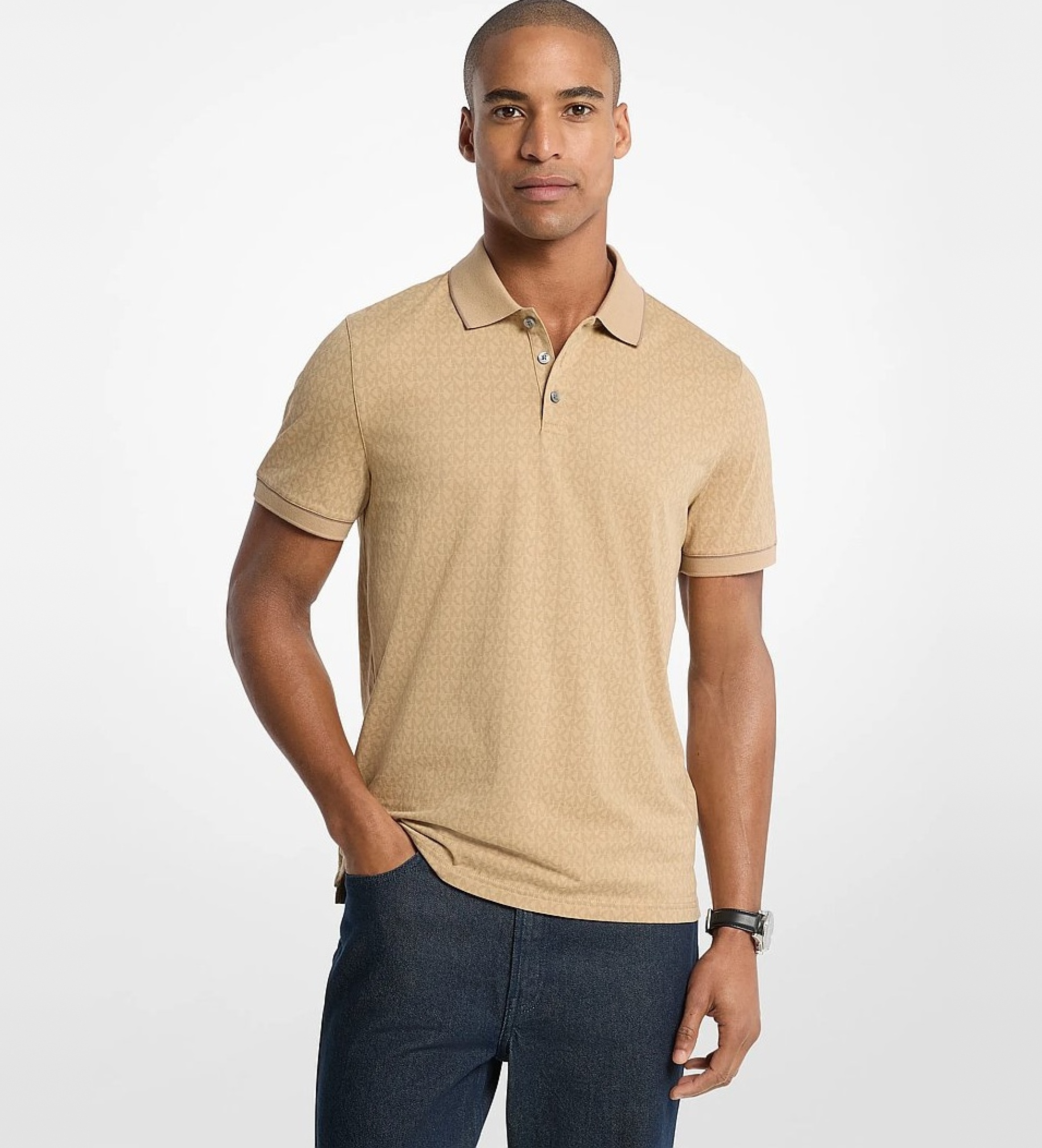 Michael Kors für Herren. CS650V848T Polo aus glattem Baumwollstrick mit beigem Logo (S), Lässig, Baumwolle, Kurzarm