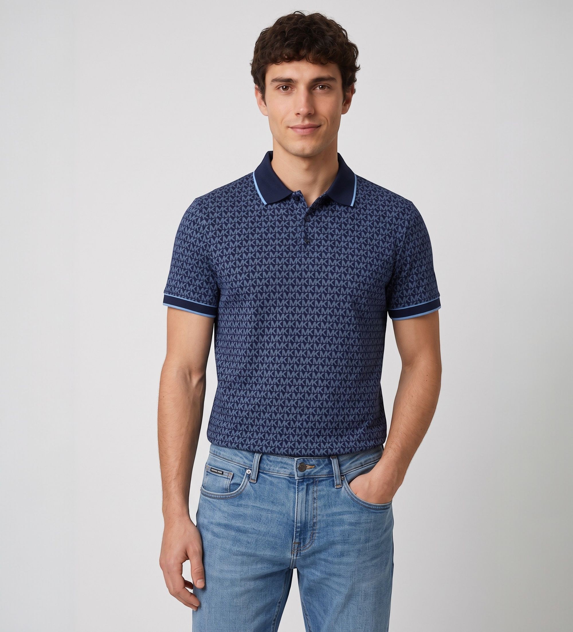 Michael Kors für Herren. CS650V848T Poloshirt aus glattem Baumwollstrick mit marinefarbenem Logo (M), Lässig, Baumwolle, Kurzarm