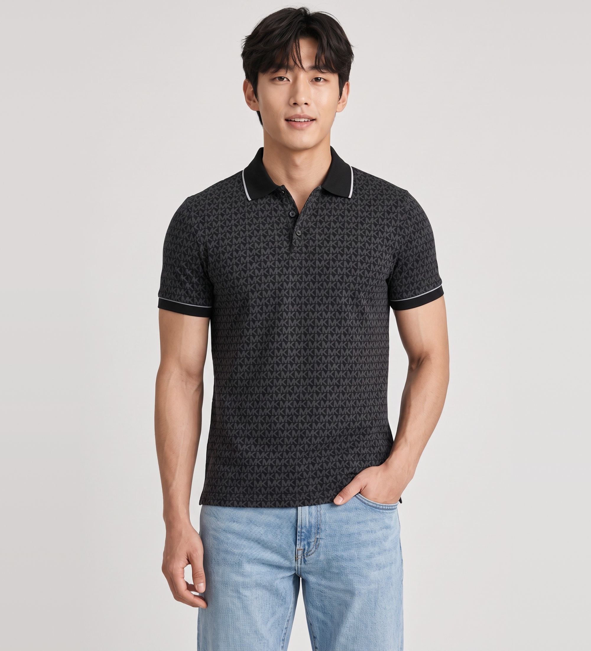 Michael Kors für Herren. CS650V848T Poloshirt aus glattem Baumwollstrick mit Logo schwarz (XL), Lässig, Baumwolle, Kurzarm