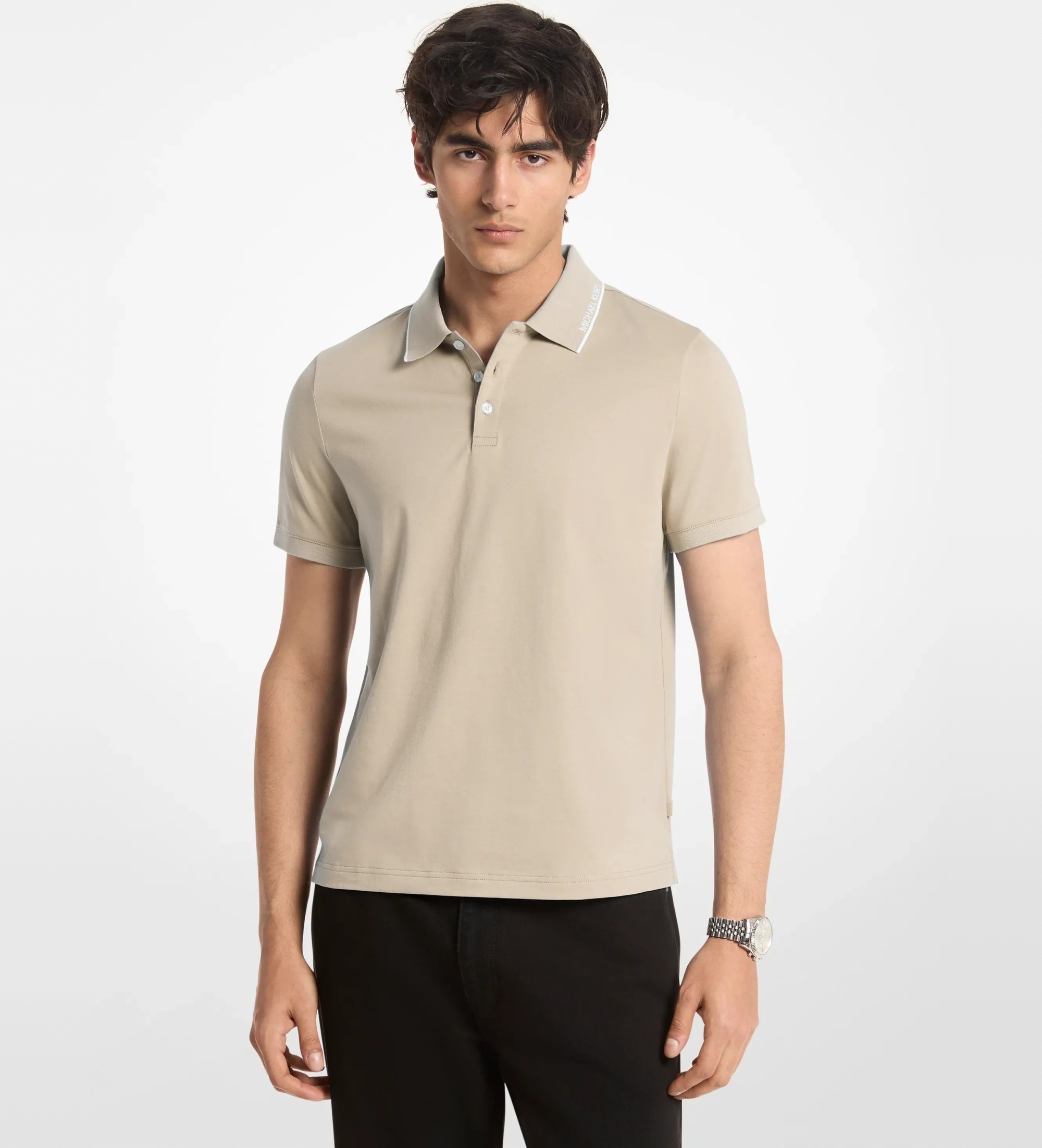 Michael Kors für Herren. CS652WR19P Schlichtes Strick-Poloshirt aus Baumwolle mit beigefarbener Bordüre (M), Lässig, Kurzarm