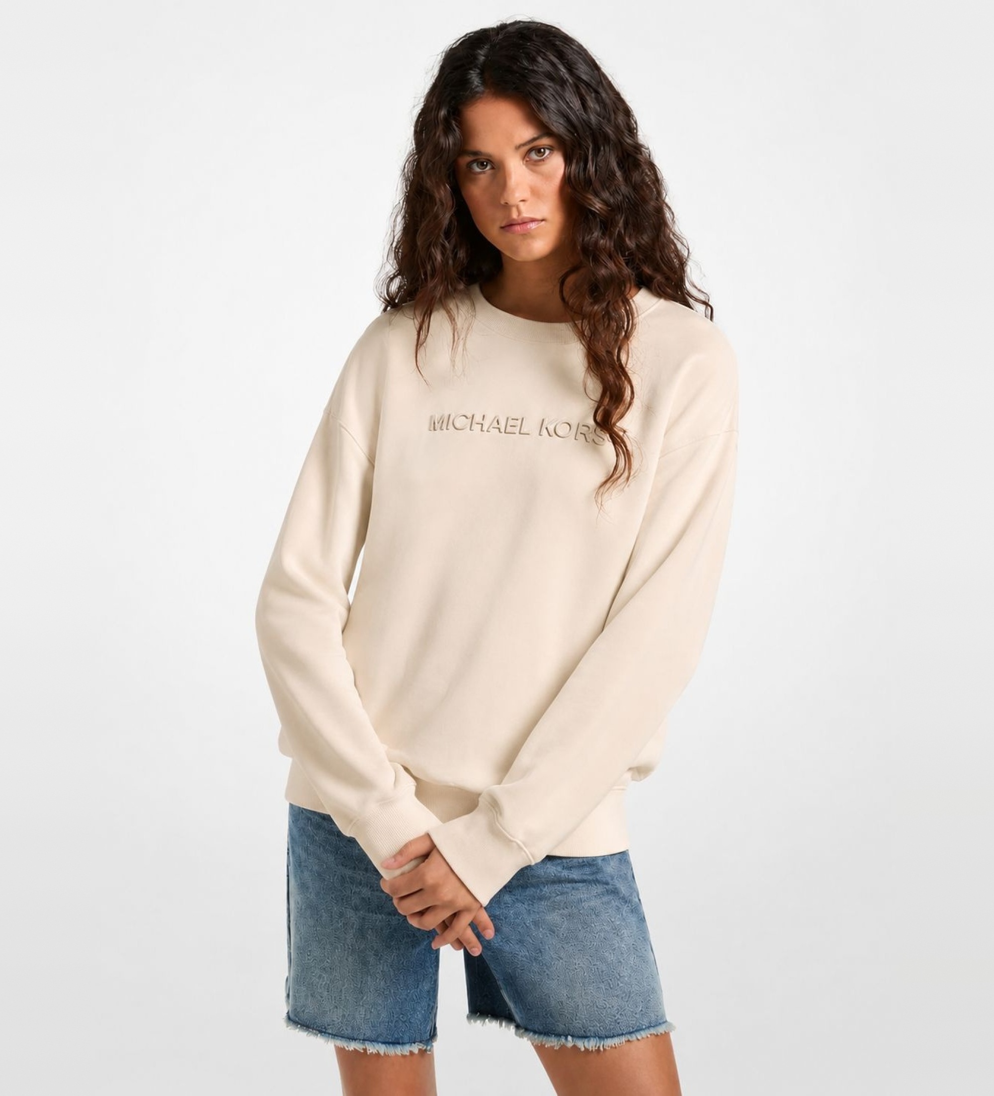 Michael Kors für Damen. MR651Z64MY Sweatshirt aus Baumwolle mit geprägtem Logo in Gebrochenes Weiß (M), Lässig