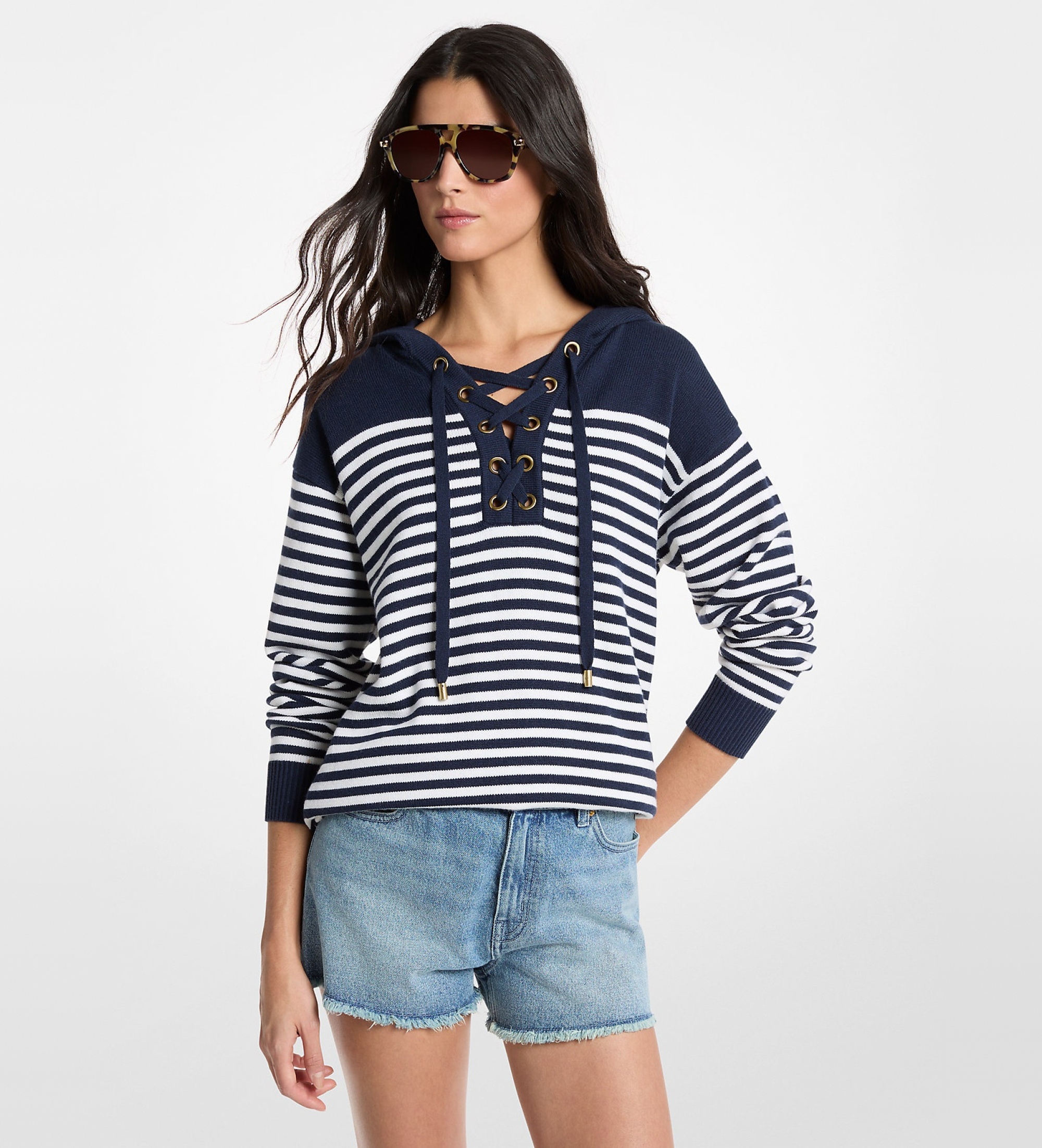 Michael Kors für Damen. MS661G2KWR Gestreiftes Wollsweatshirt mit Kapuze und blauen Kordelzügen (M), Lässig, Wolle