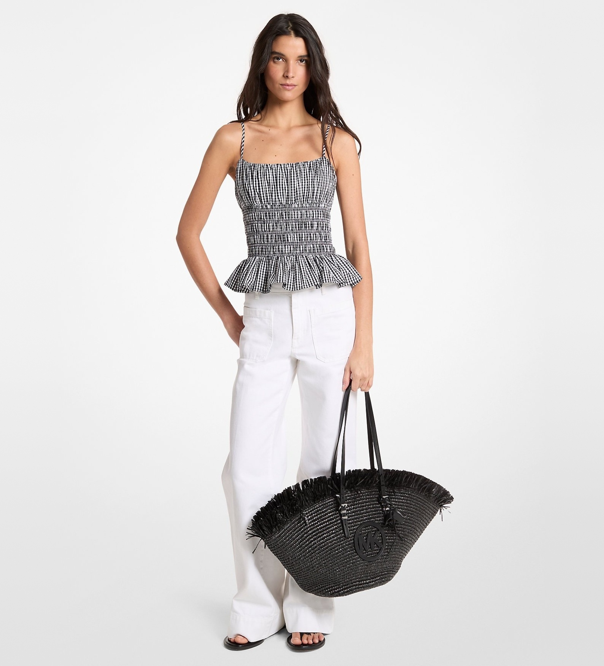 Michael Kors für Damen. MS640ZXKQP Top mit schwarz-weiß karierter Raffung (M), Baumwolle, Ärmellos / Hosenträger