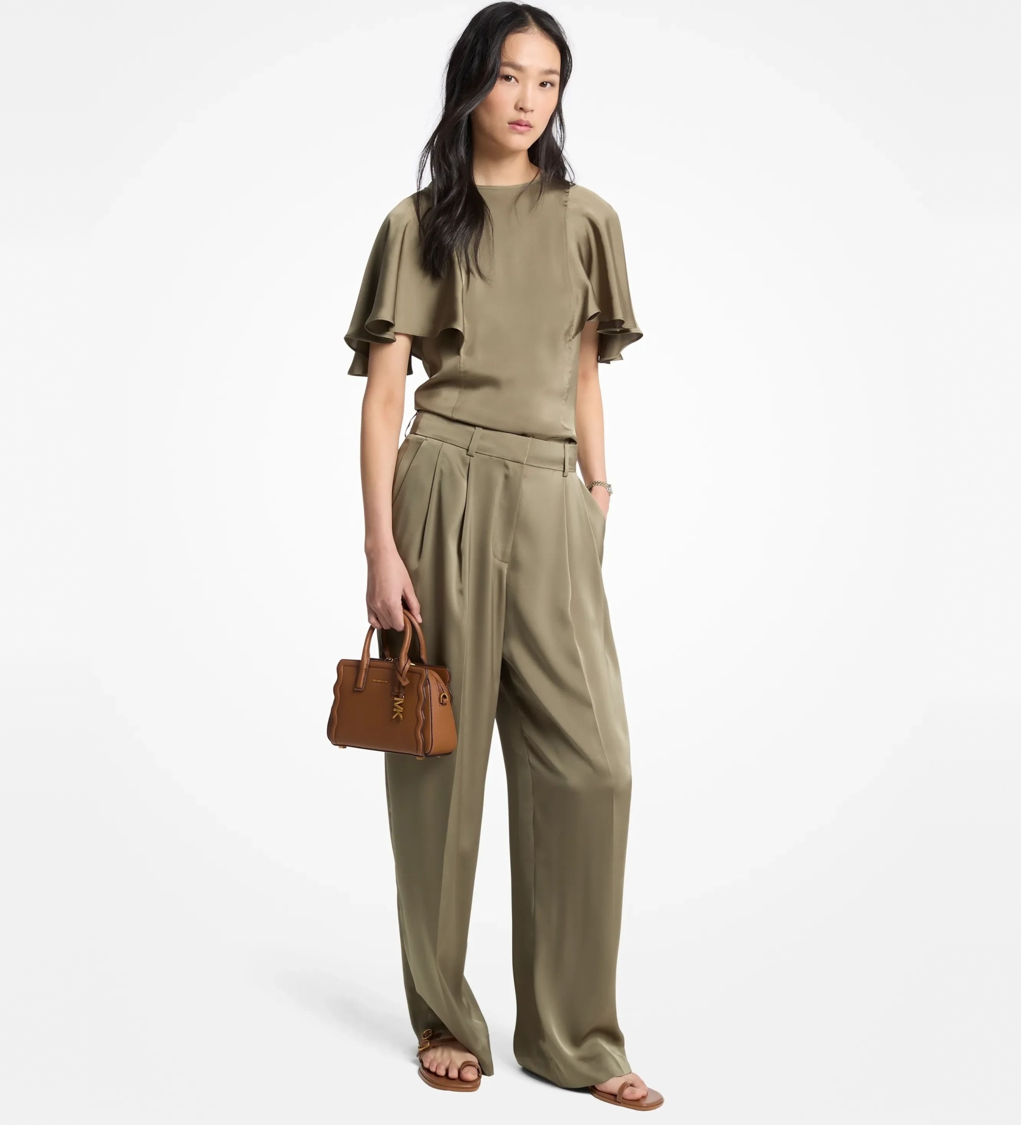 Michael Kors für Damen. MT6411QAYJ Grüne Satinbluse mit ausgestellten Ärmeln (40), Lässig, Kurzarm, Recyceltes Polyester