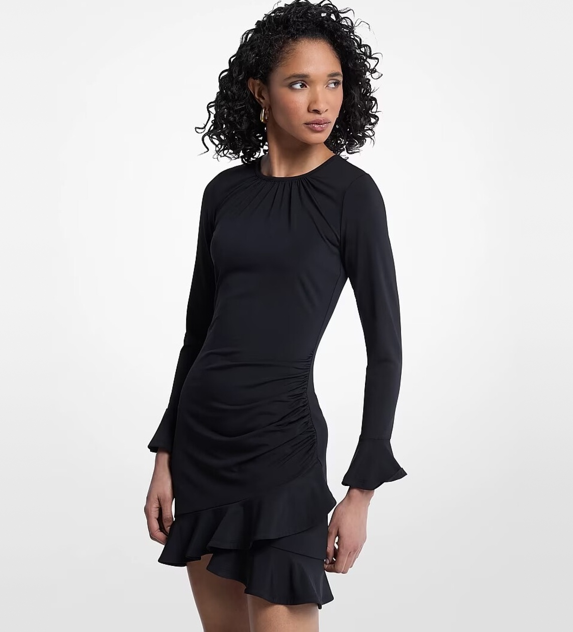 Michael Kors für Damen. MT683J5H6J Elastisches mattes Feinstrick-Kleid mit Rüschen schwarz (S), Lässig, Langarm, Recyceltes Polyester
