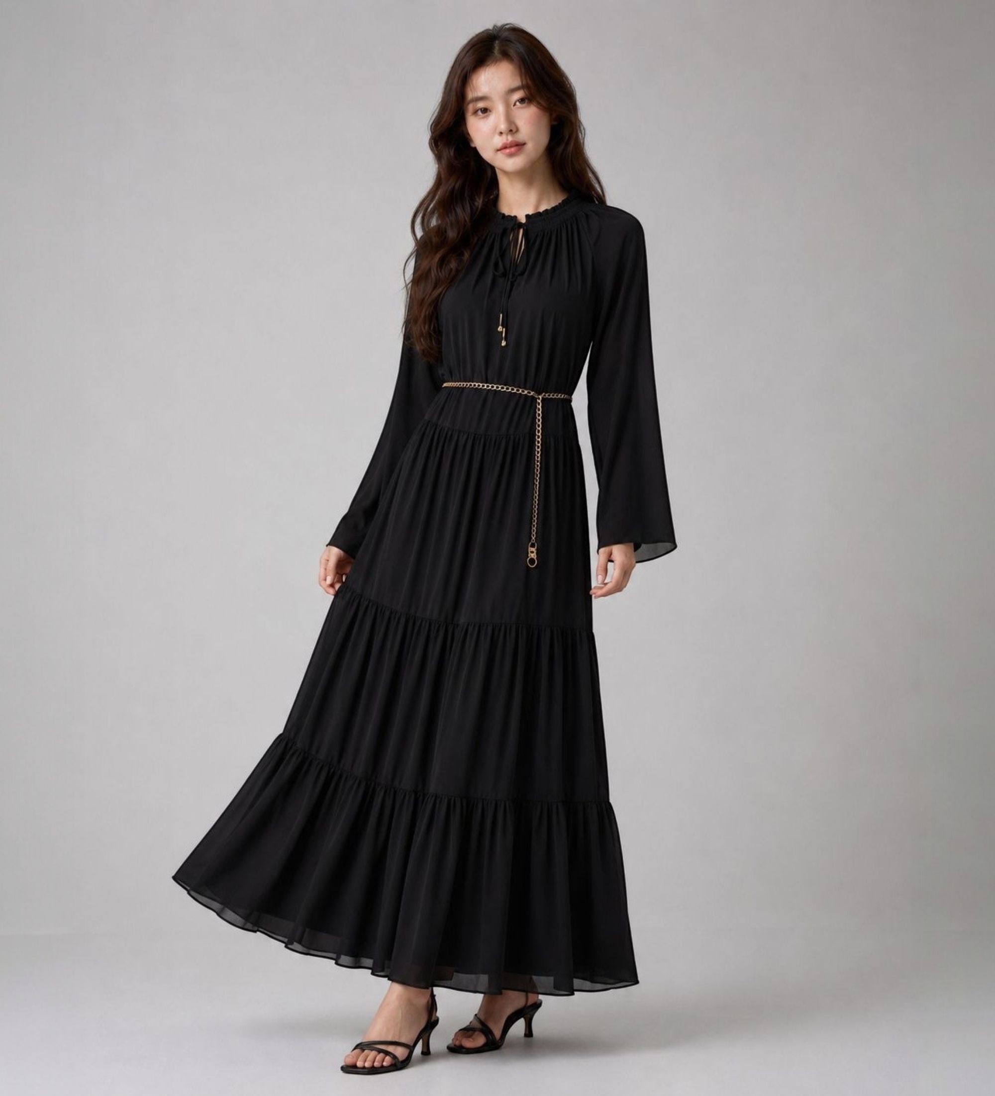 Michael Kors für Damen. MT683L17R3 Schwarzes Maxikleid mit gerafftem Ausschnitt und Bindeband (XS), Lässig, Party, Langarm, Recyceltes Polye